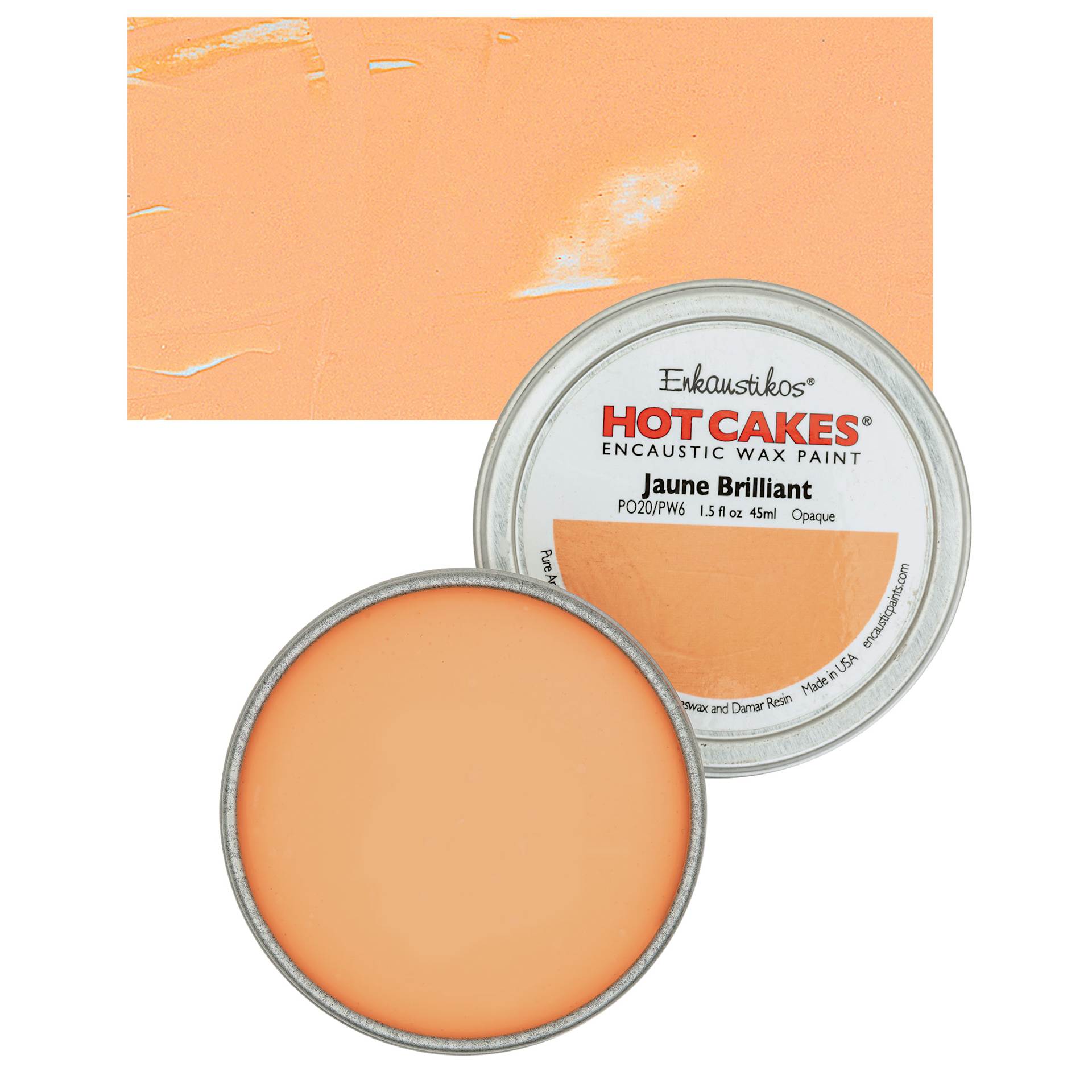 Enkaustikos Hot Cakes Encaustic Wax Paint - Jaune Brilliant, 45 ml tin and swatch