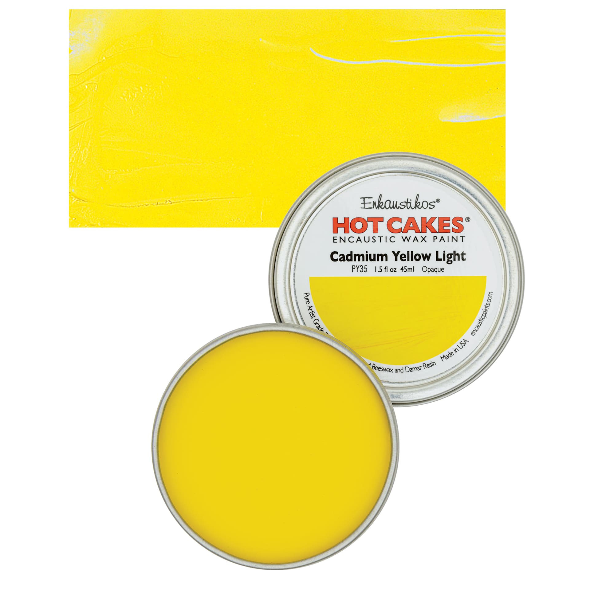 Enkaustikos Hot Cakes Encaustic Wax Paint - Cadmium Yellow Light, 45 ml tin and swatch