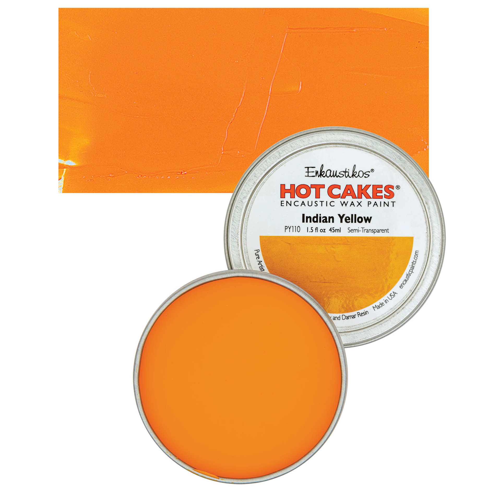 Enkaustikos Hot Cakes Encaustic Wax Paint - Indian Yellow, 45 ml tin and swatch