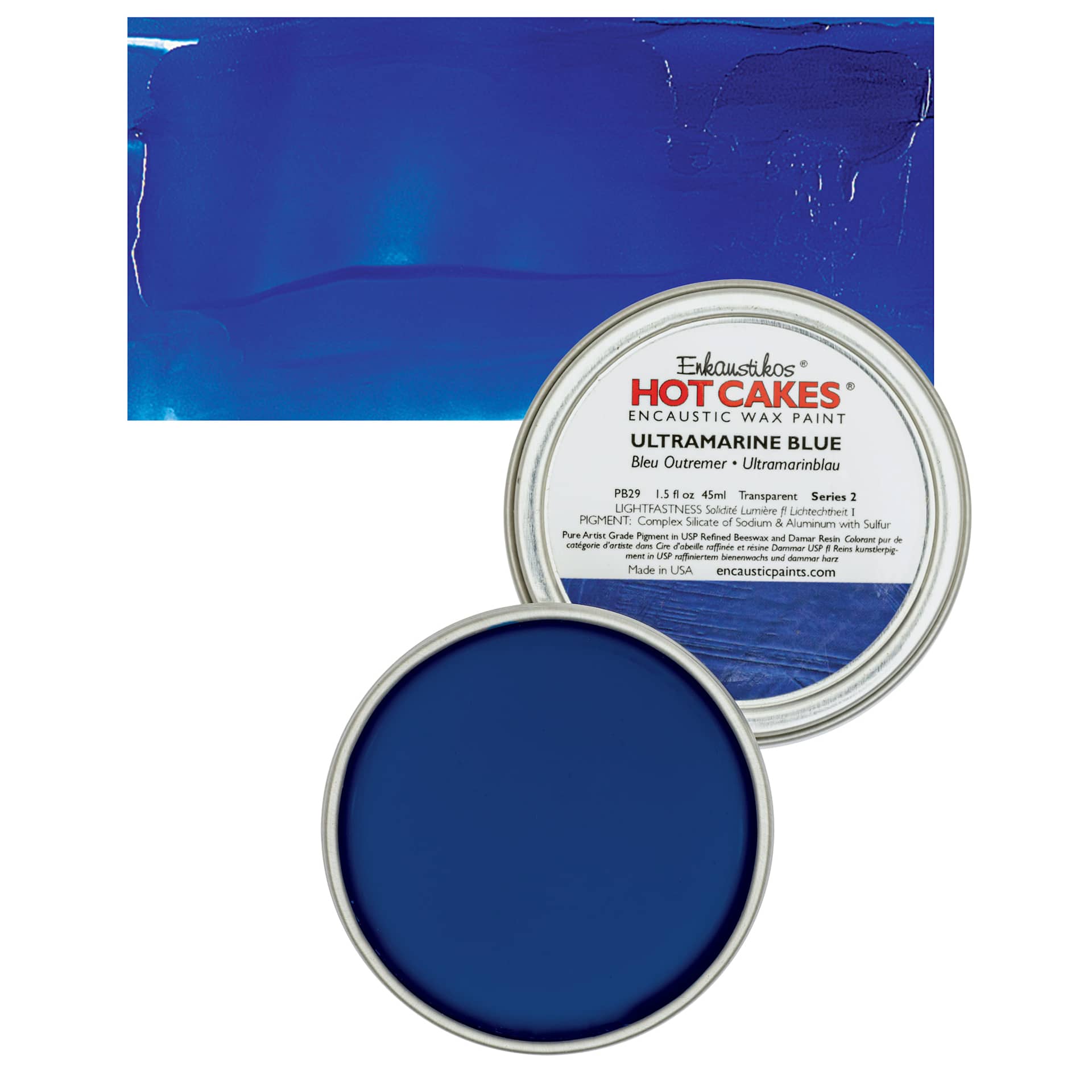 Enkaustikos Hot Cakes Encaustic Wax Paint - Ultramarine Blue, 45 ml tin and swatch