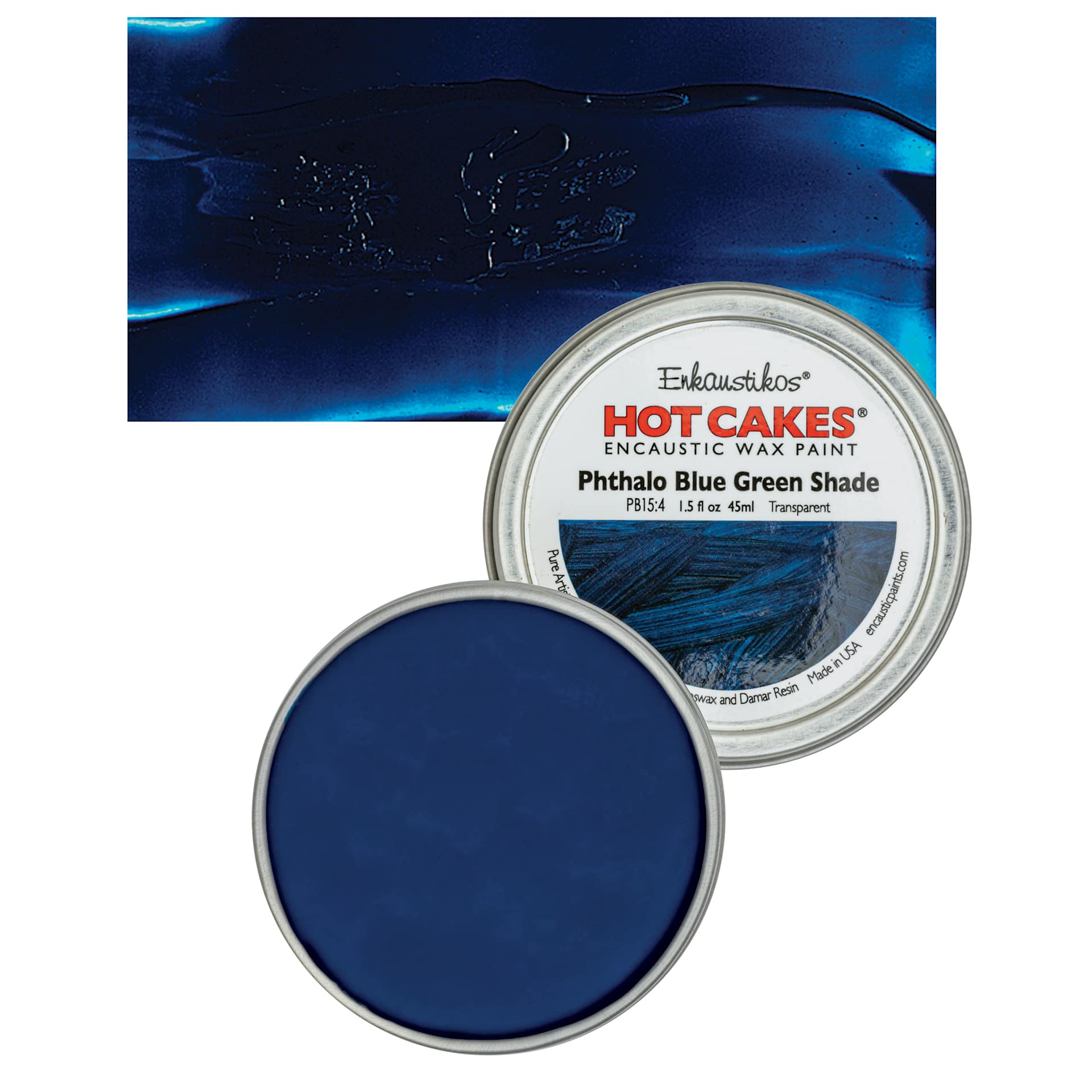 Enkaustikos Hot Cakes Encaustic Wax Paint - Phthalo Blue Green Shade, 45 ml tin and swatch