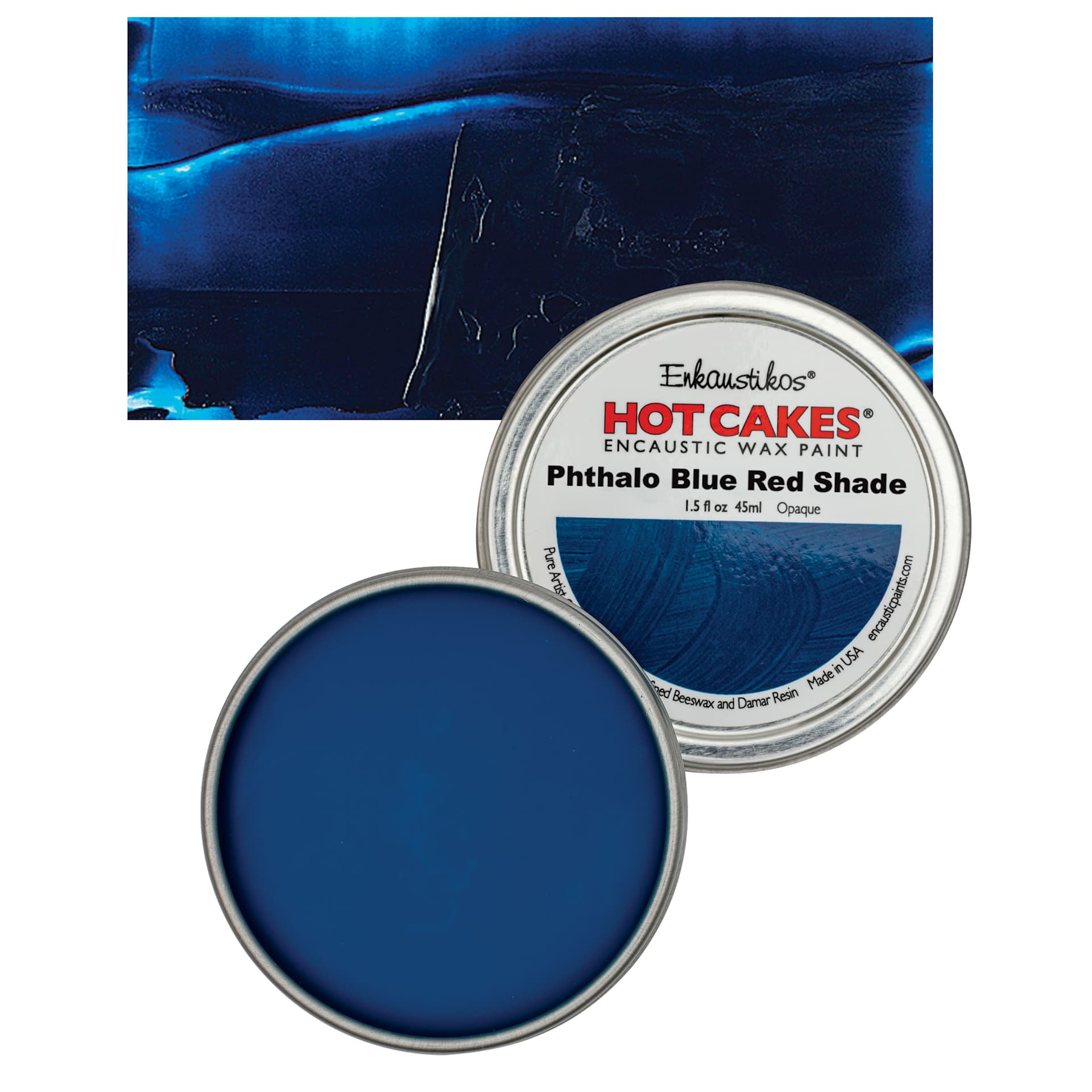 Enkaustikos Hot Cakes Encaustic Wax Paint - Phthalo Blue Red Shade, 45 ml tin and swatch