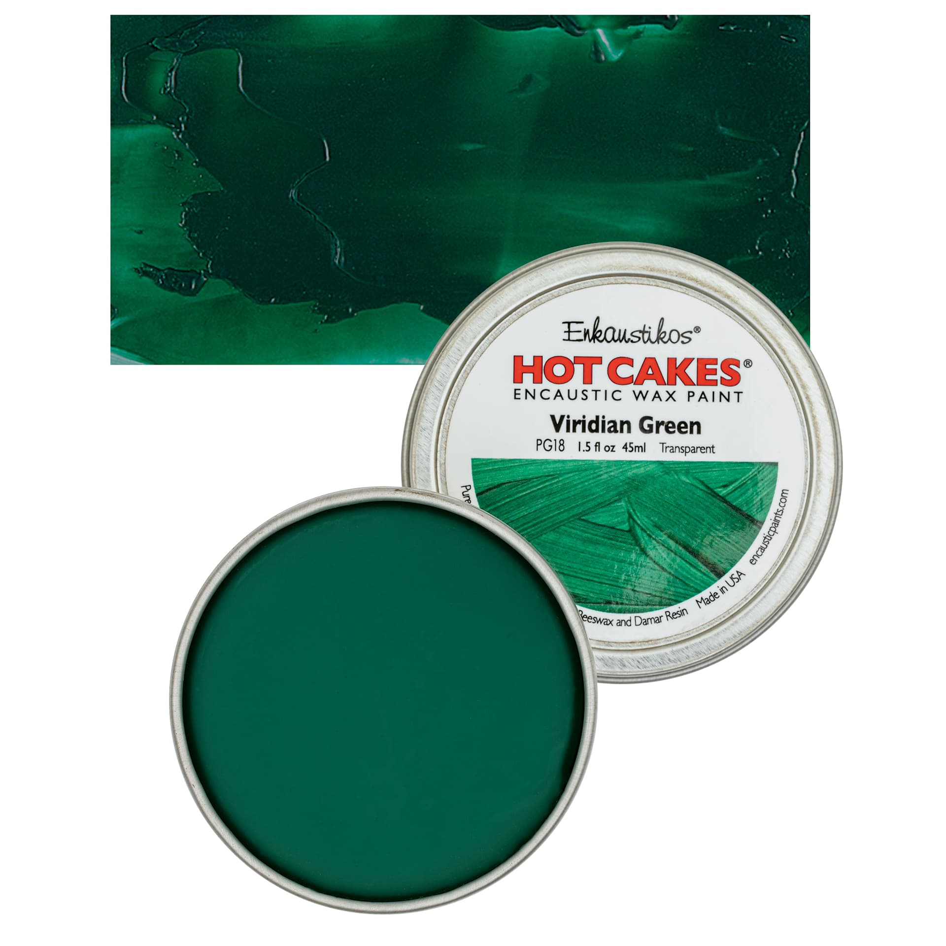 Enkaustikos Hot Cakes Encaustic Wax Paint - Viridian Green, 45 ml tin and swatch