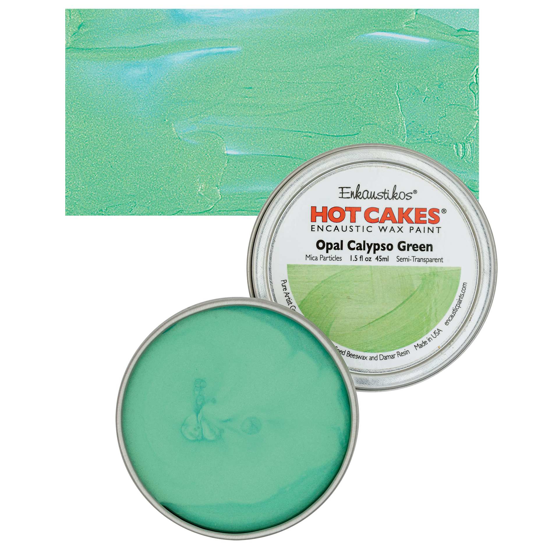 Enkaustikos Hot Cakes Encaustic Wax Paint - Opal Calypso Green, 45 ml tin and swatch