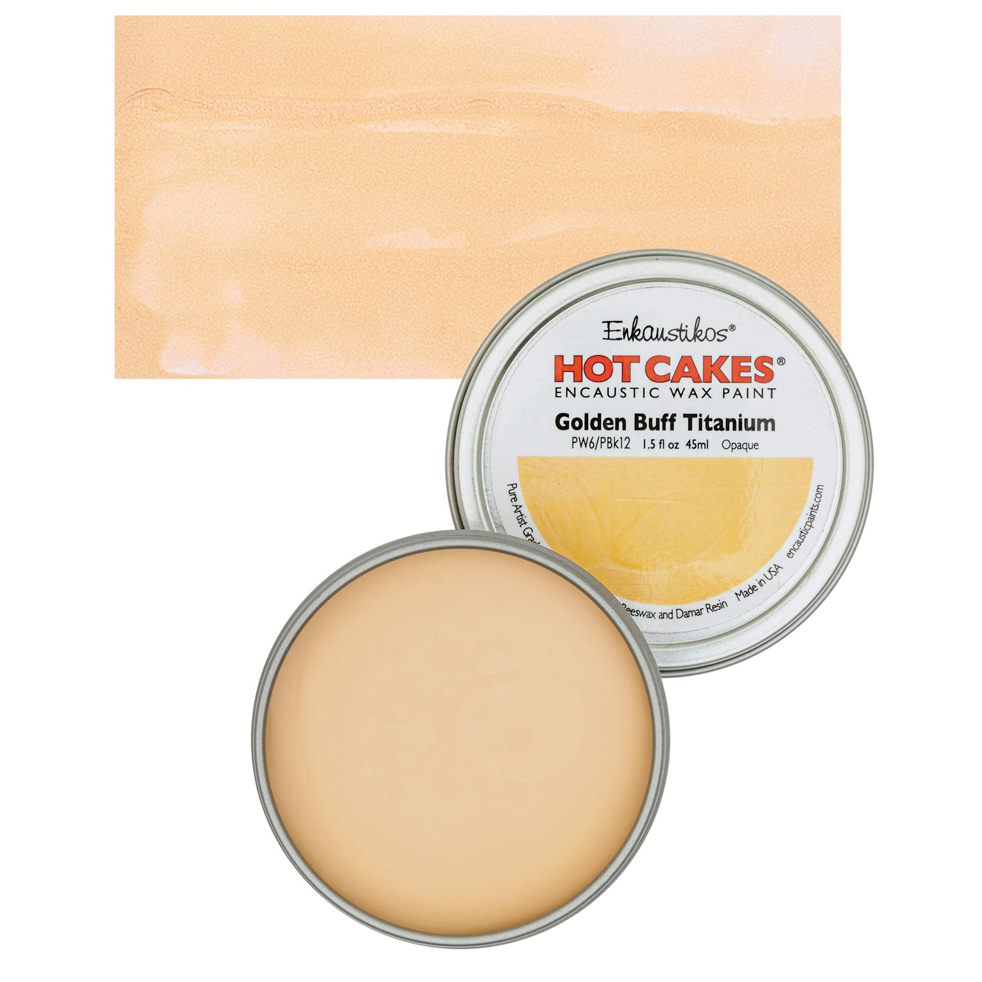 Enkaustikos Hot Cakes Encaustic Wax Paint - Golden Buff Titanium, 45 ml tin and swatch