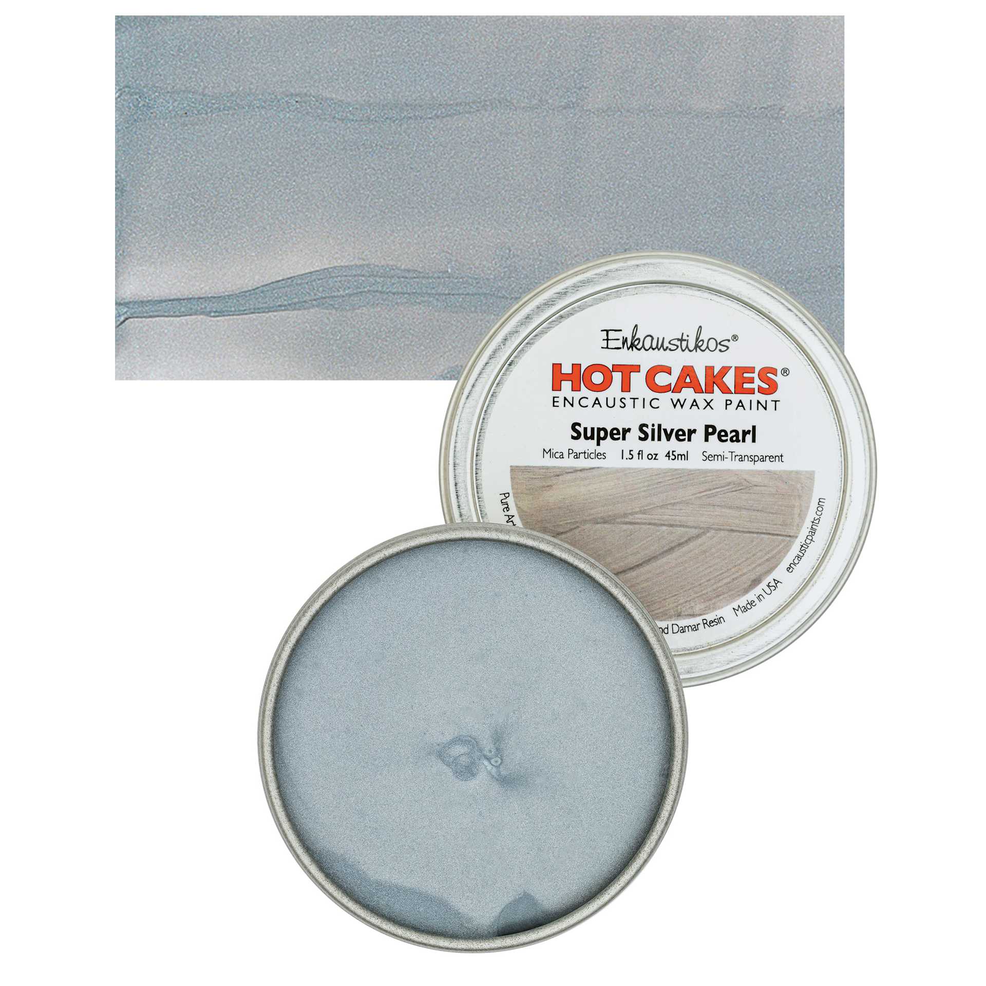 Enkaustikos Hot Cakes Encaustic Wax Paint - Super Silver Pearl, 45 ml tin and swatch