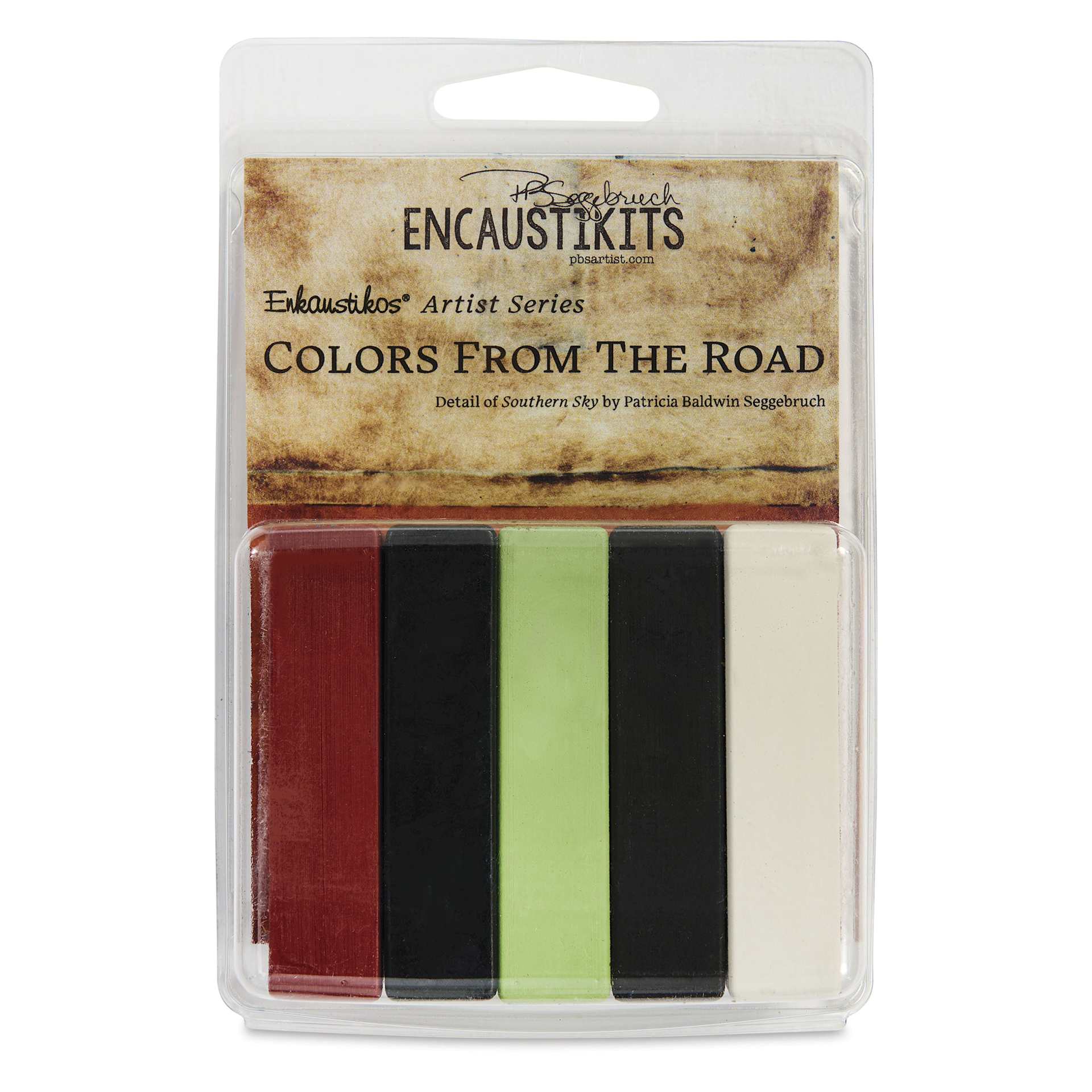 Enkaustikos Hot Sticks Encaustic Paints - Set of 5, Patricia Seggebruch Colors from the Road, 13 ml stick front of package
