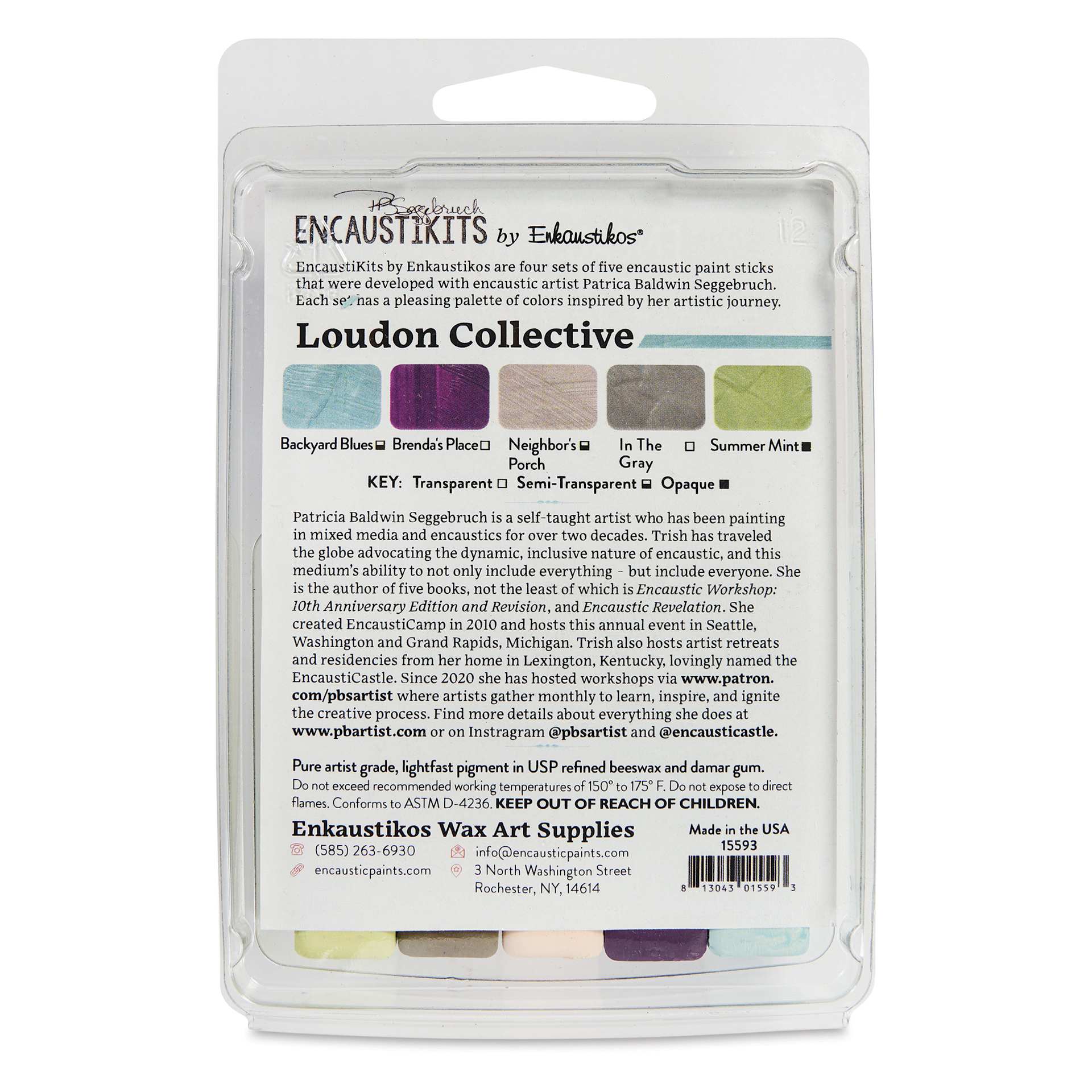 Enkaustikos Hot Sticks Encaustic Paints - Set of 5, Patricia Seggebruch Loudon Collective, 13 ml stick back of package