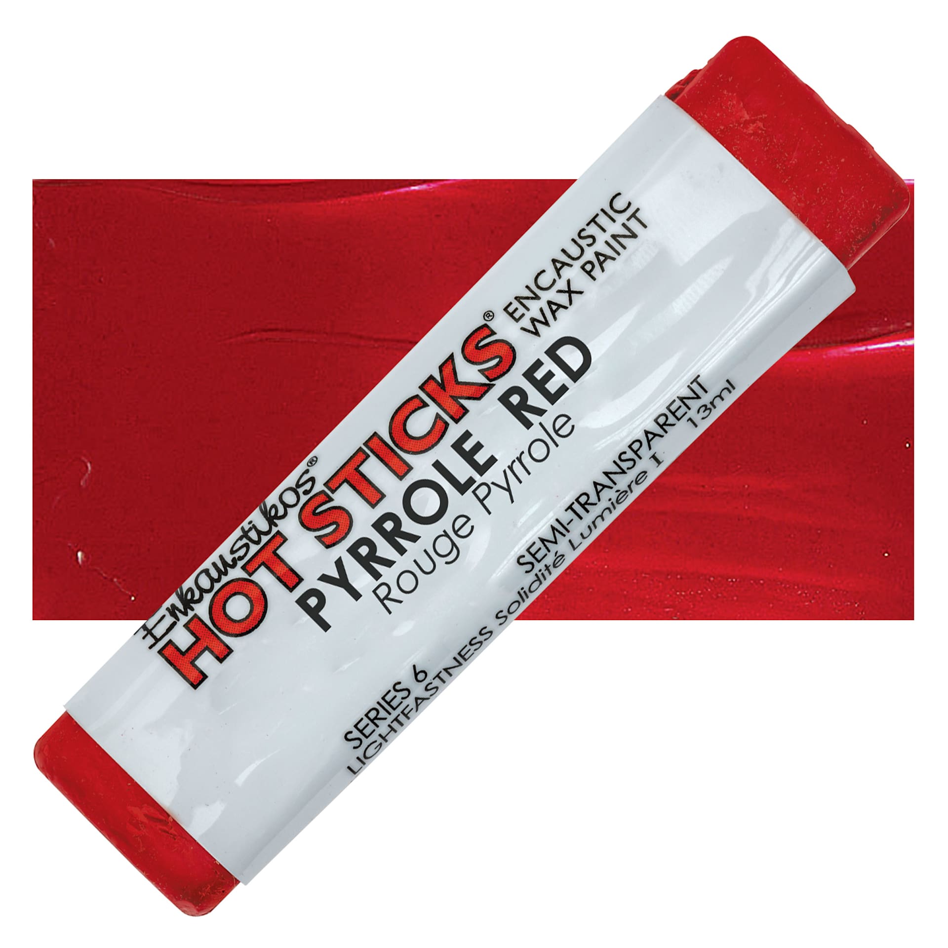 Enkaustikos Hot Sticks Encaustic Wax Paint - Pyrrole Red, 13 ml stick and swatch