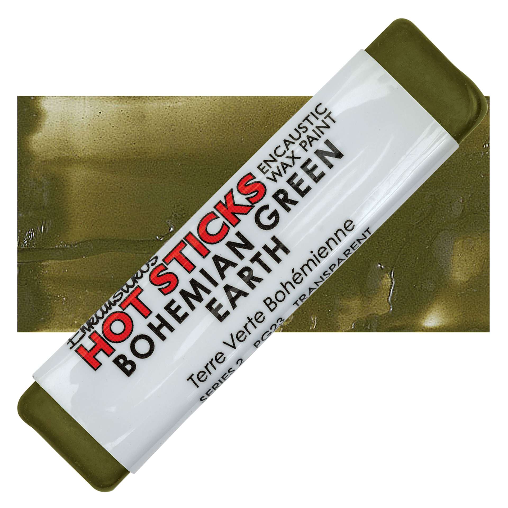 Enkaustikos Hot Sticks Encaustic Wax Paint - Bohemian Green Earth, 13 ml stick and swatch