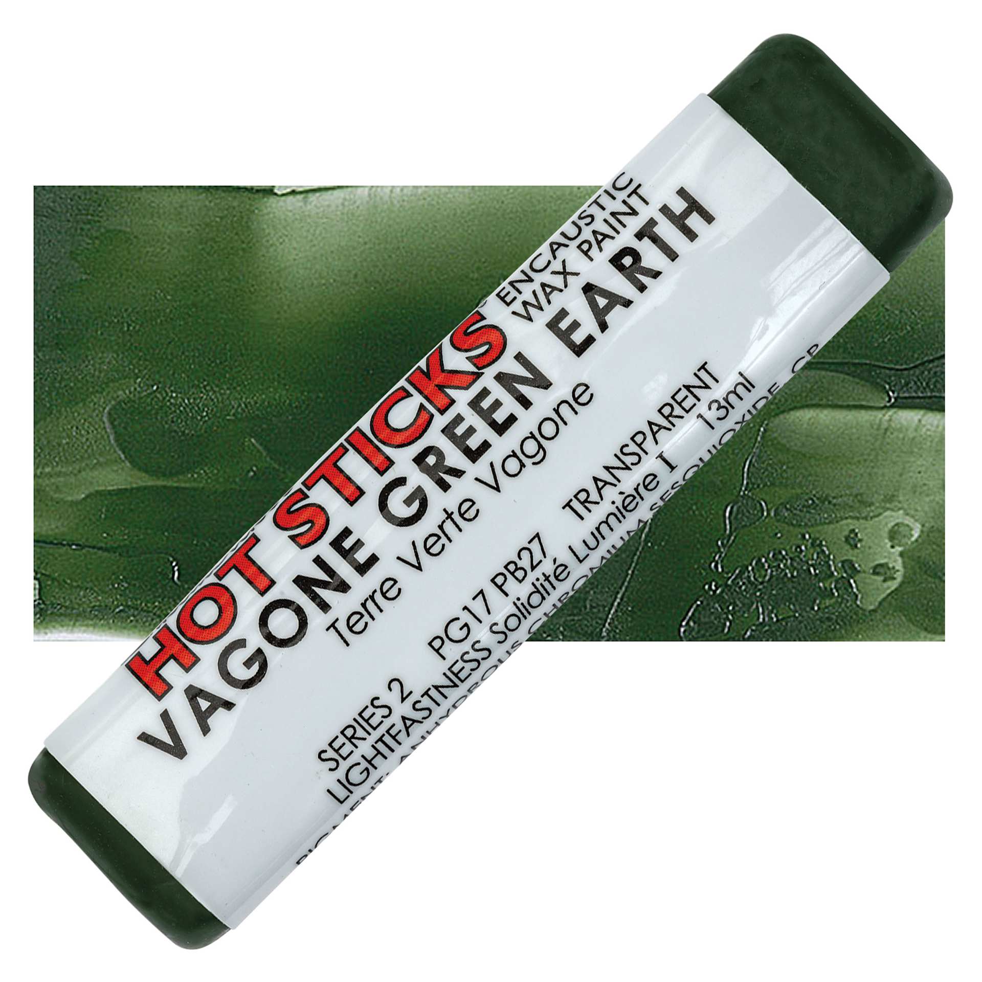 Enkaustikos Hot Sticks Encaustic Wax Paint - Vagone Green Earth, 13 ml stick and swatch