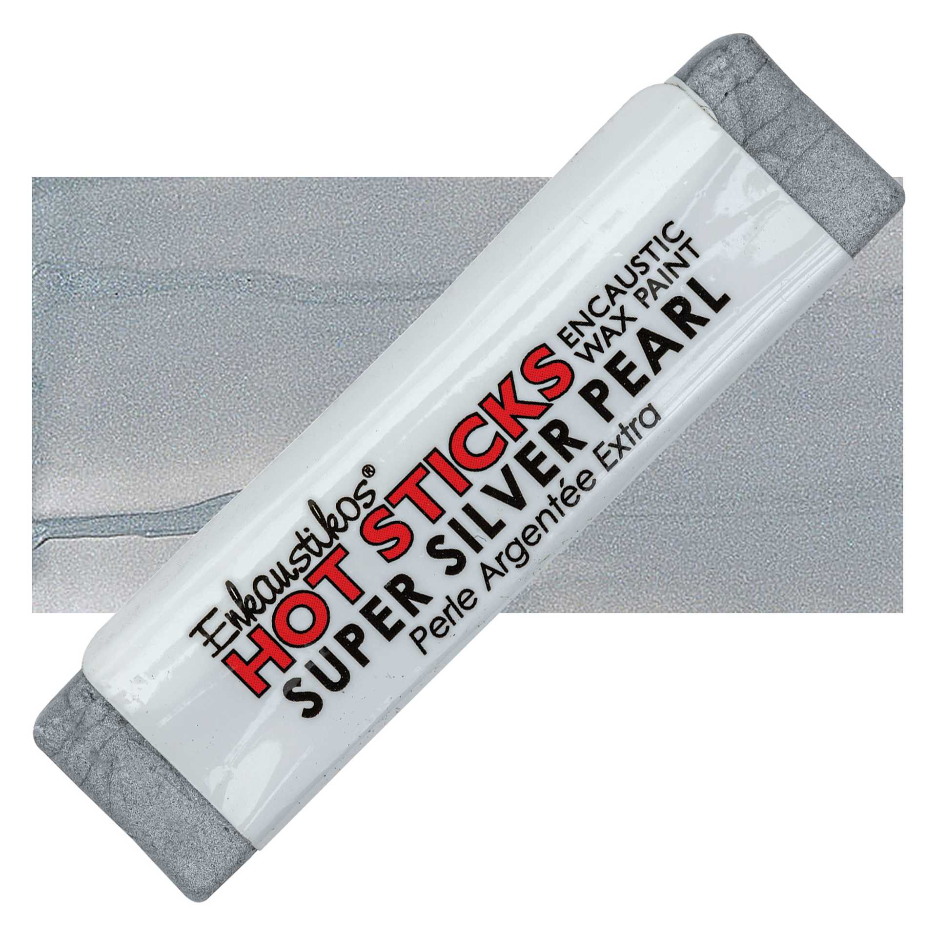 Enkaustikos Hot sticks Encaustic Wax Paint - Super Silver Pearl, 13 ml stick and swatch