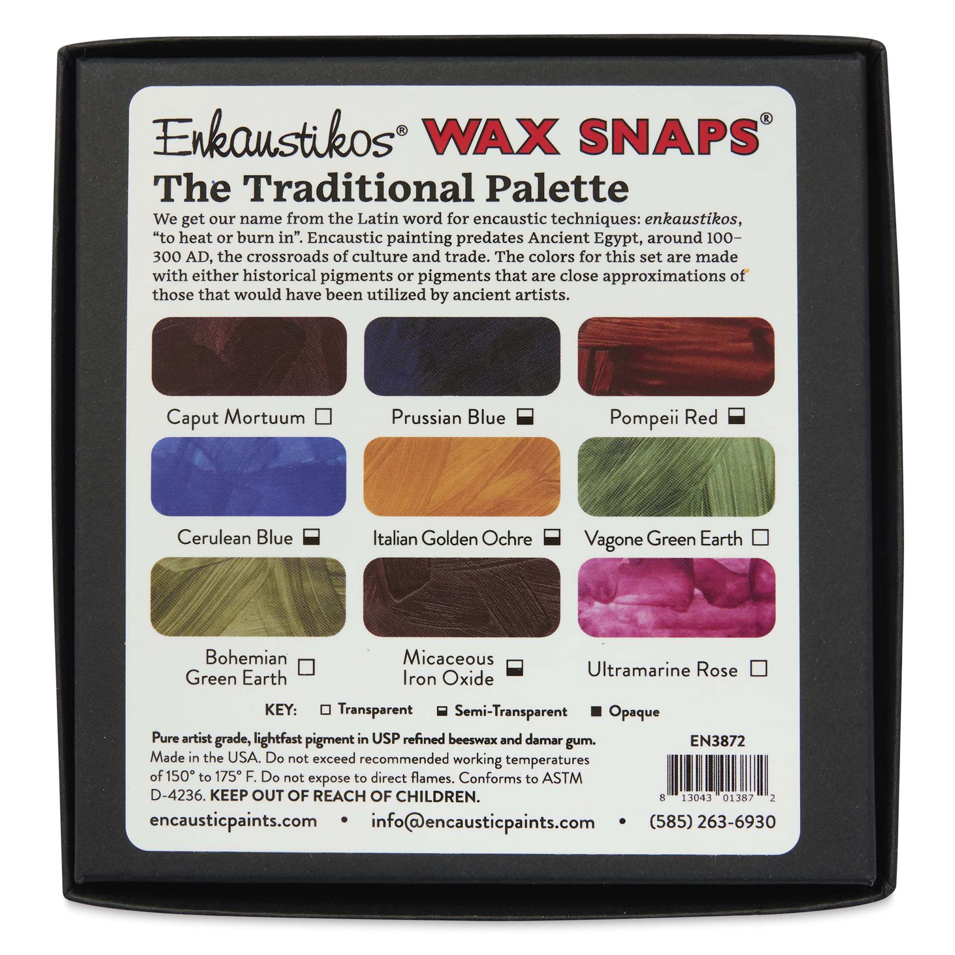 Enkaustikos Wax Snaps Encaustic Paints - Set of 9, Traditional Palette, 13 ml back of package