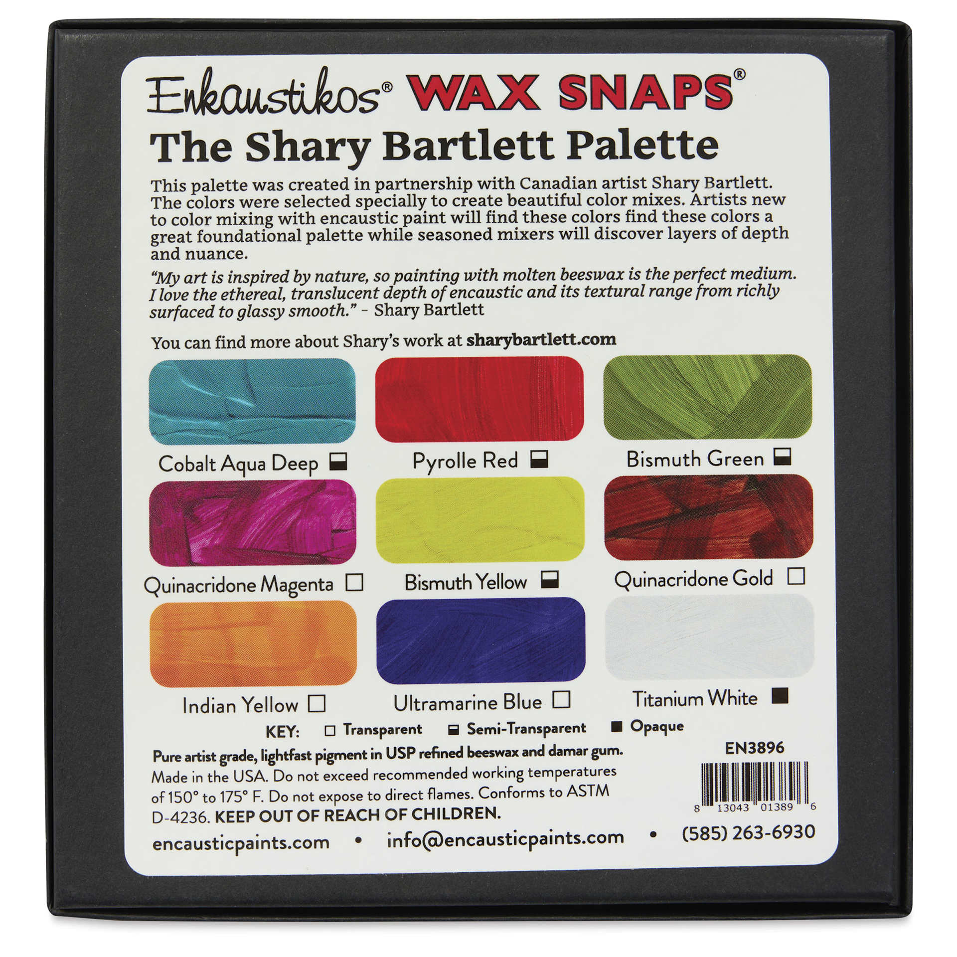 Enkaustikos Wax Snaps Encaustic Paints - Set of 9, Shary Bartlett Palette, 13 ml back of package