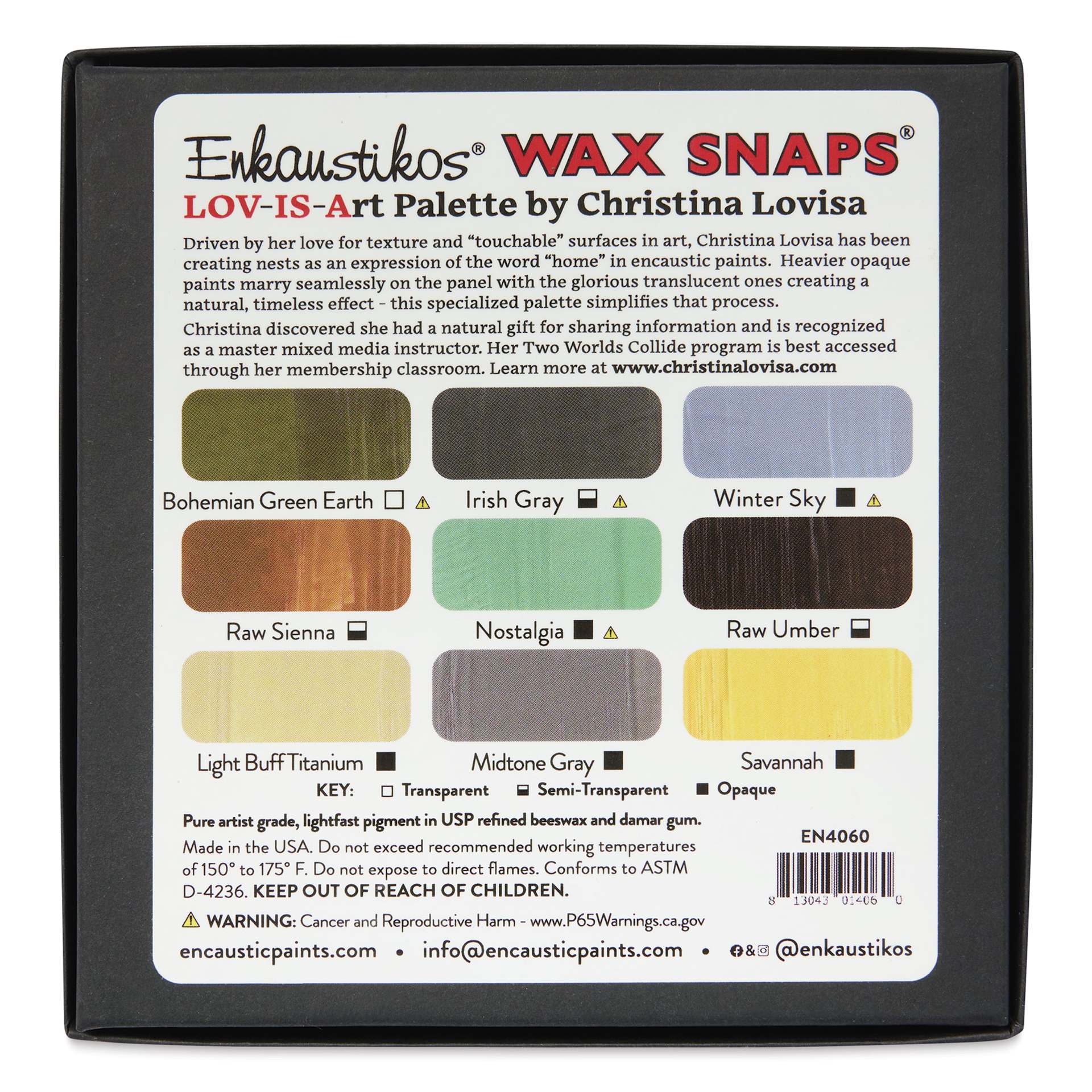 Enkaustikos Wax Snaps Encaustic Paints - Set of 9, Christina Lovisa Lov-Is-Art Palette, 13 ml back of package