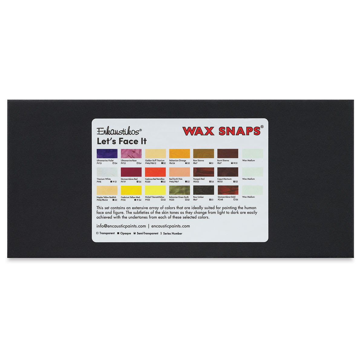 Enkaustikos Wax Snaps Encaustic Paints - Top of package of Lets Face It set showing colors
Enkaustikos Wax Snaps Encaustic Paints - Top of package of Lets Face It set showing colors