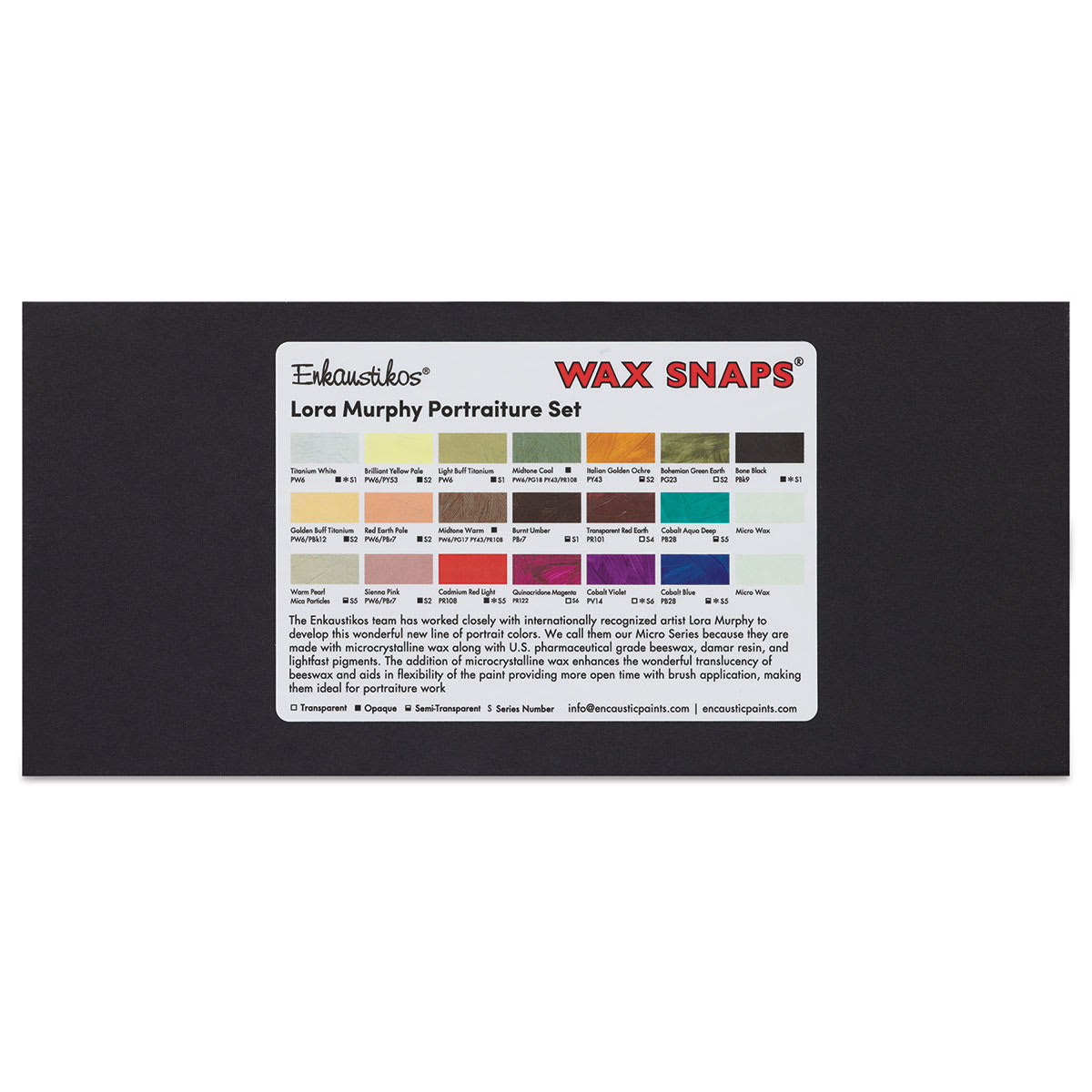 Enkaustikos Wax Snaps Encaustic Paints - Top of package of Lora Murphy Set showing colors
Enkaustikos Wax Snaps Encaustic Paints - Top of package of Lora Murphy Set showing colors