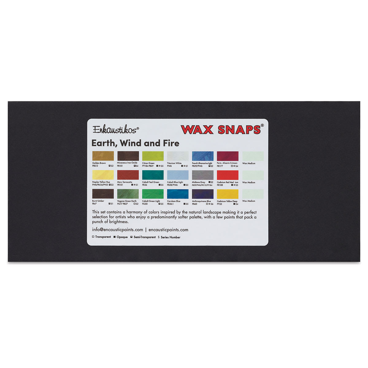 Enkaustikos Wax Snaps Encaustic Paints - Top of package of Earth, Wind and Fire set showing colors
Enkaustikos Wax Snaps Encaustic Paints - Top of package of Earth, Wind and Fire set showing colors