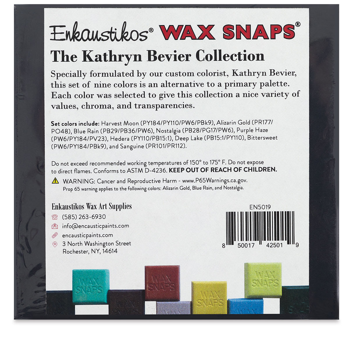 Enkaustikos Wax Snaps Encaustic Paints - Kathryn Bevier Set of 9, Cakes, Back of set box.