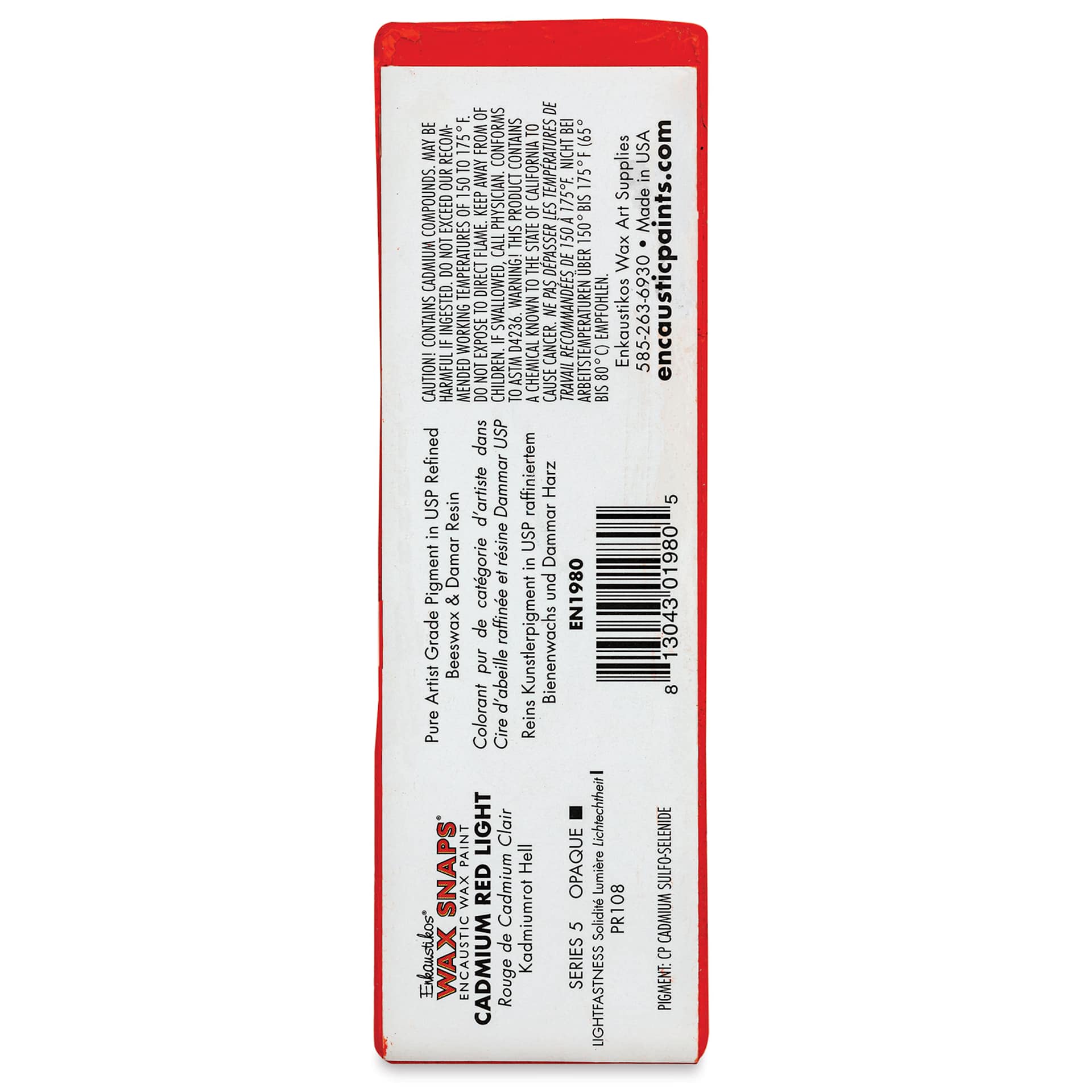 Enkaustikos Wax Snaps Encaustic Paints - Cadmium Red Light, 40 ml cake back of package