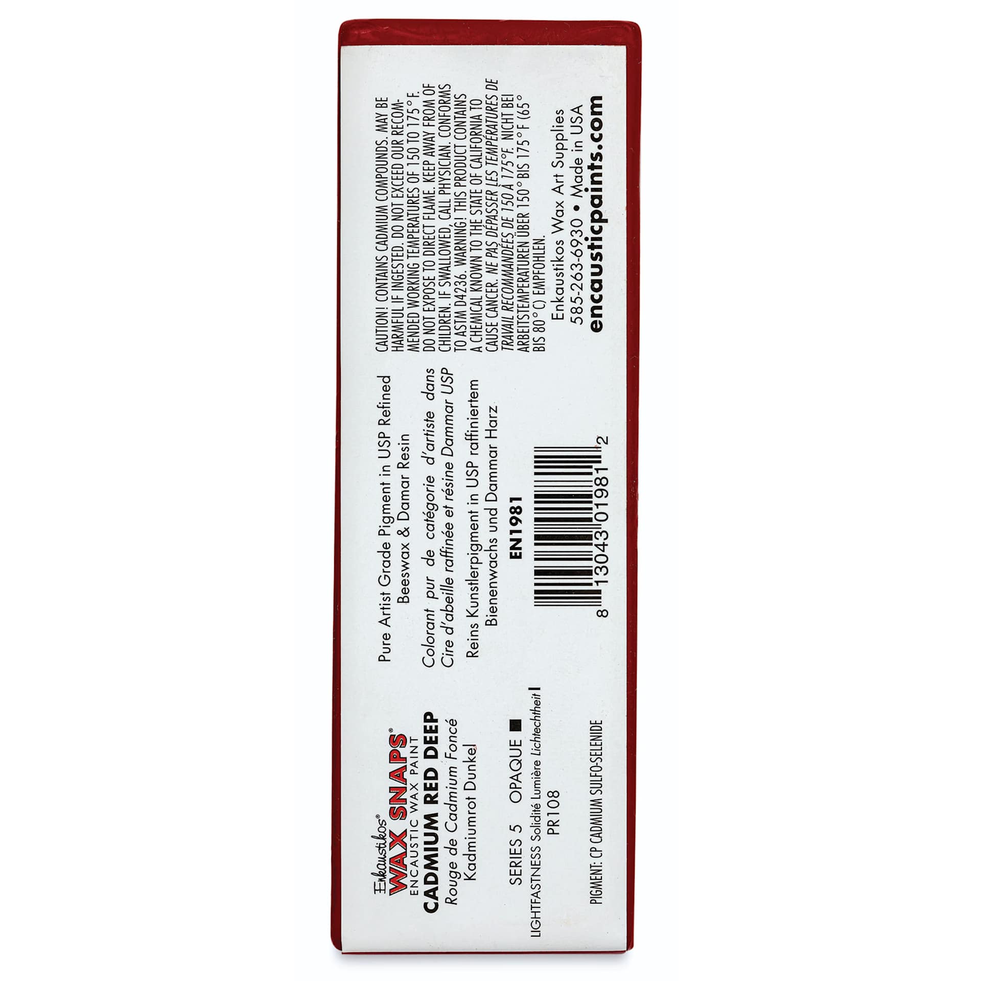 Enkaustikos Wax Snaps Encaustic Paints - Cadmium Red Deep, 40 ml cake back of package
