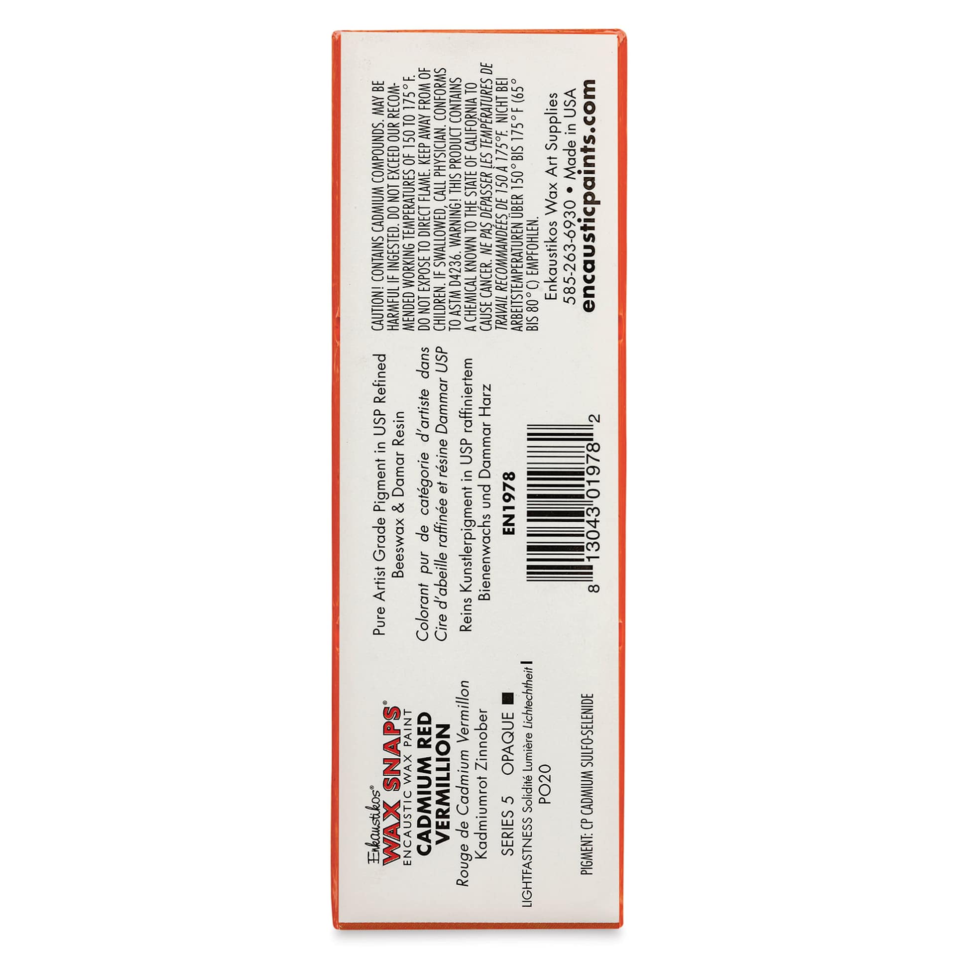 Enkaustikos Wax Snaps Encaustic Paints - Cadmium Red Vermilion, 40 ml cake back of package