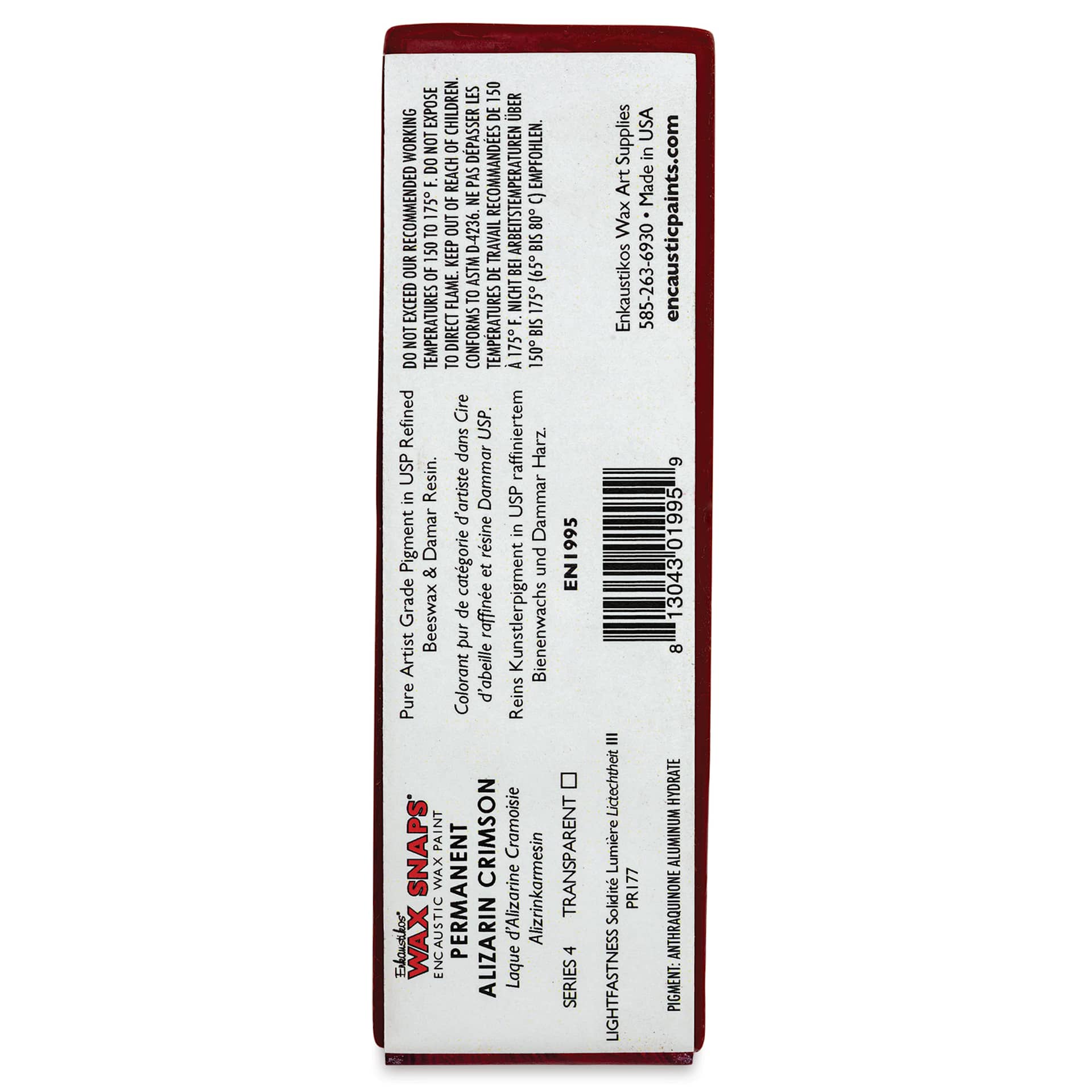 Enkaustikos Wax Snaps Encaustic Paints - Alizarin Crimson, 40 ml cake back of package
