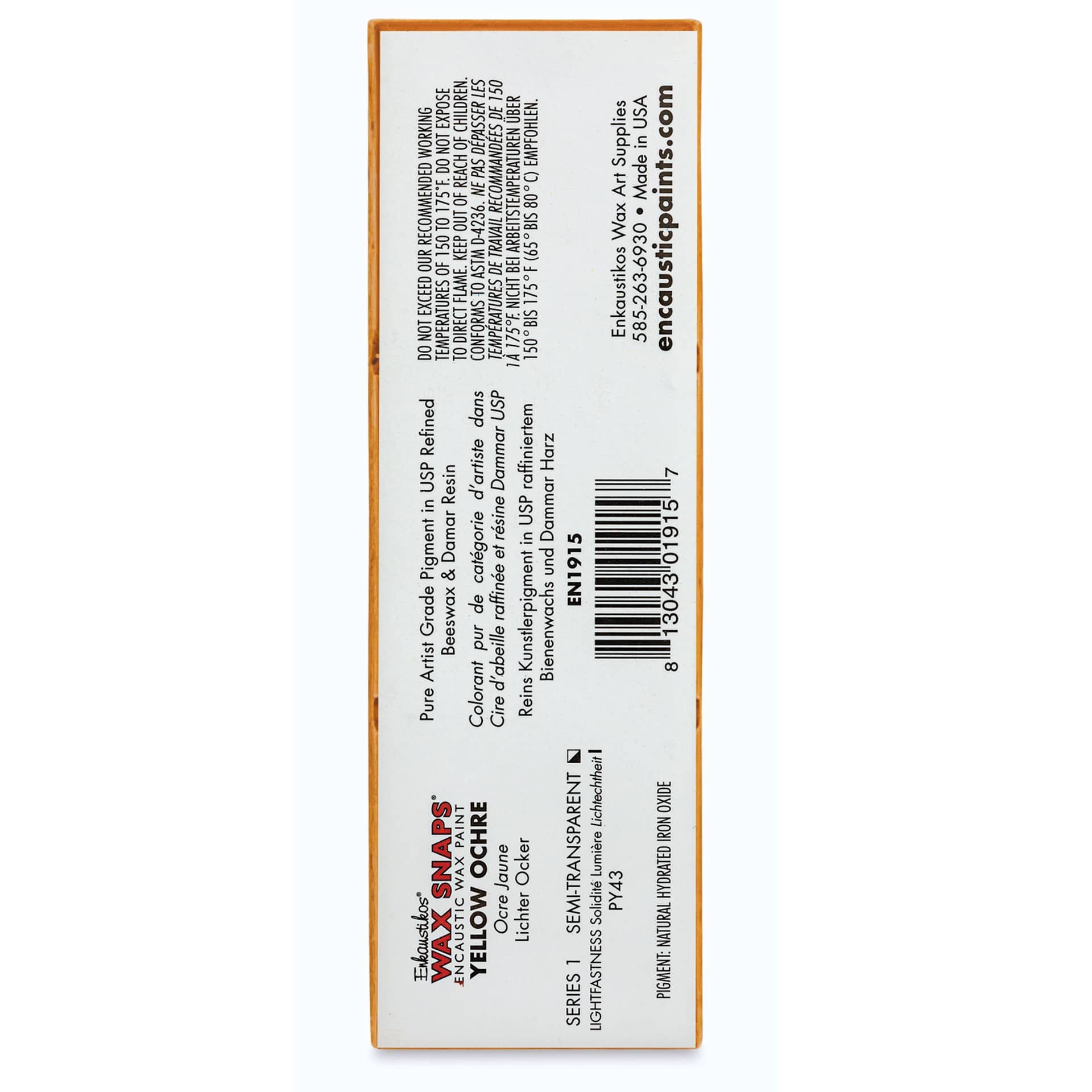 Enkaustikos Wax Snaps Encaustic Paints - Yellow Ochre, 40 ml cake back of package