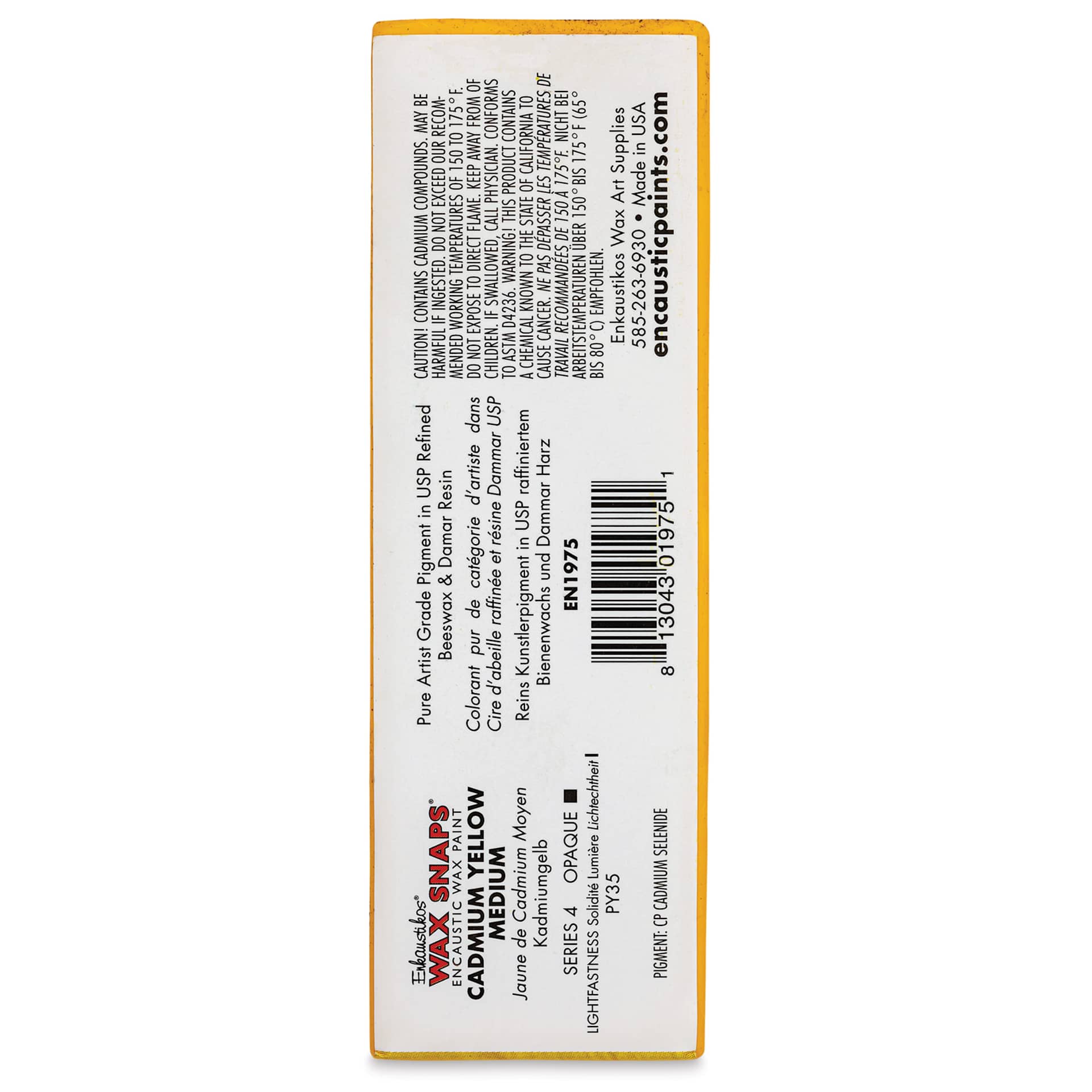 Enkaustikos Wax Snaps Encaustic Paints - Cadmium Yellow Medium, 40 ml cake back of package