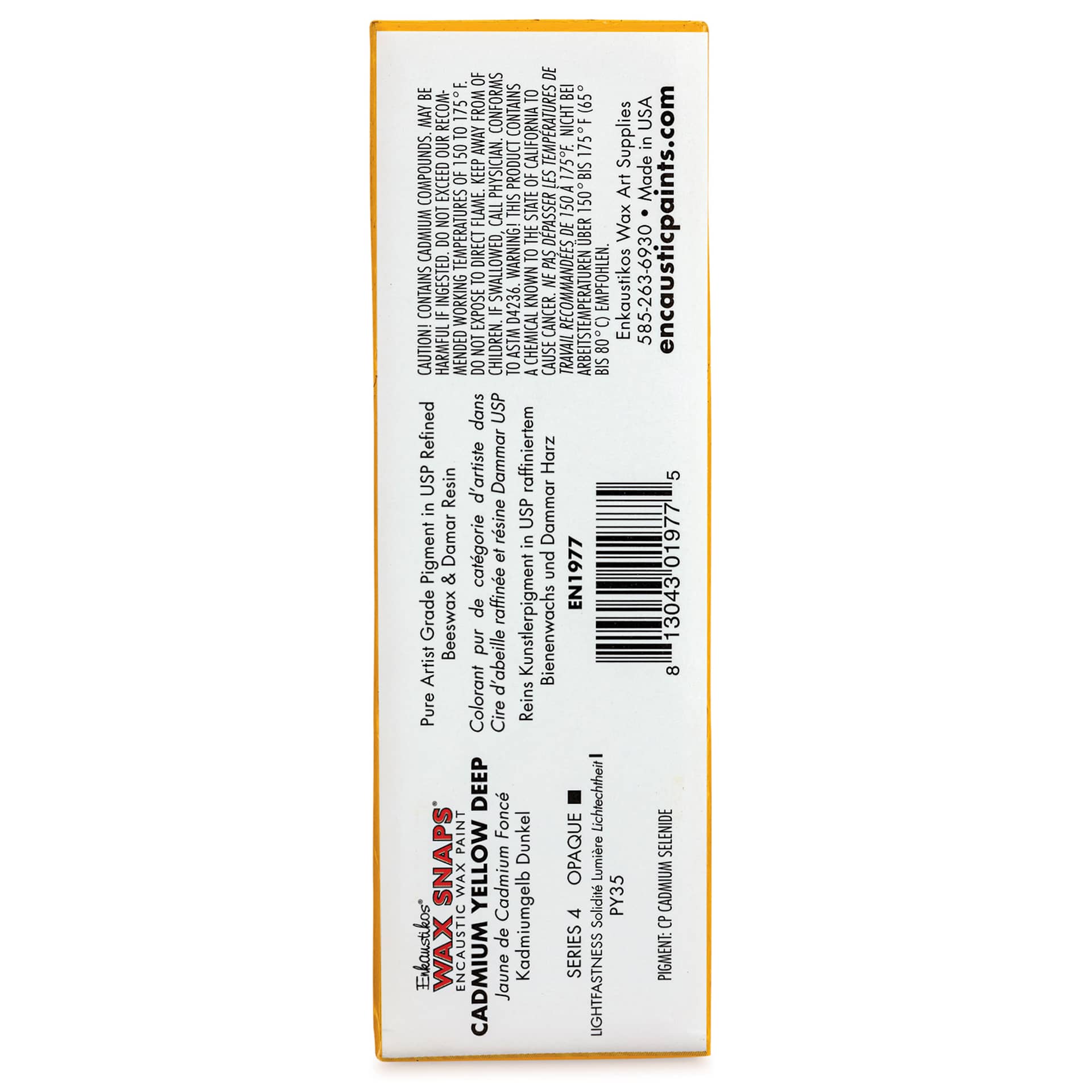Enkaustikos Wax Snaps Encaustic Paints - Cadmium Yellow Deep, 40 ml cake back of package