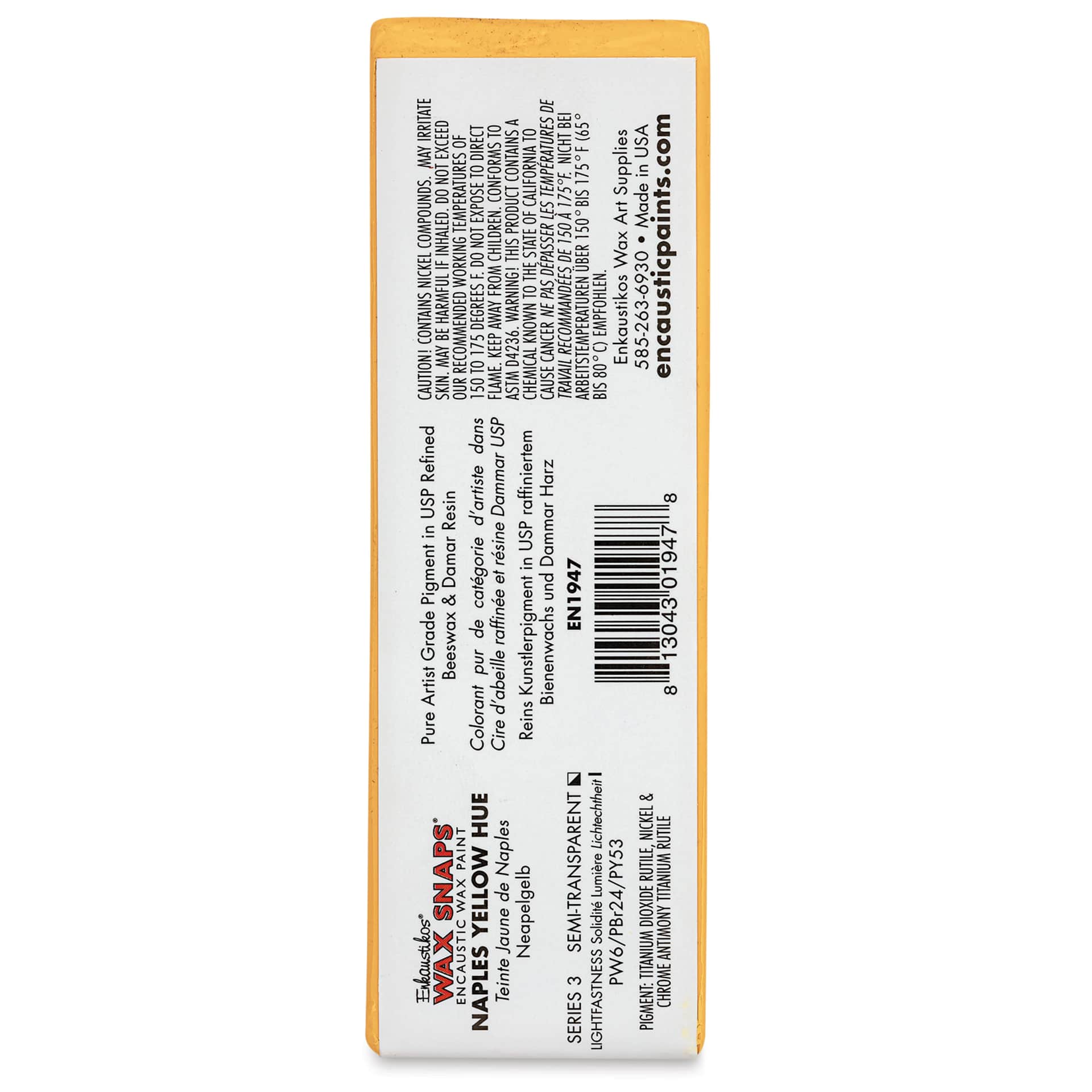 Enkaustikos Wax Snaps Encaustic Paints - Naples Yellow Hue, 40 ml cake back of package