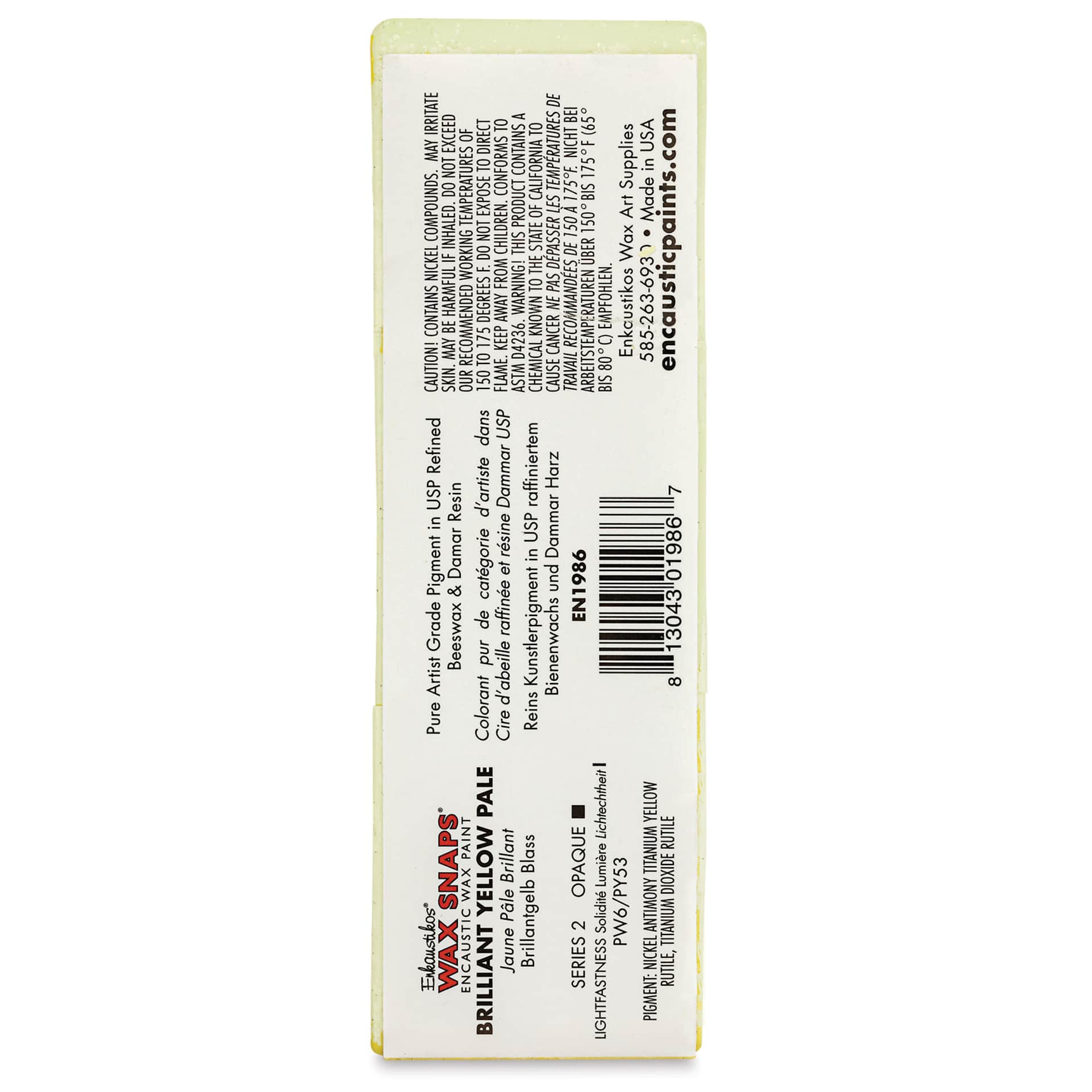 Enkaustikos Wax Snaps Encaustic Paints - Brilliant Yellow Pale, 40 ml cake back of package