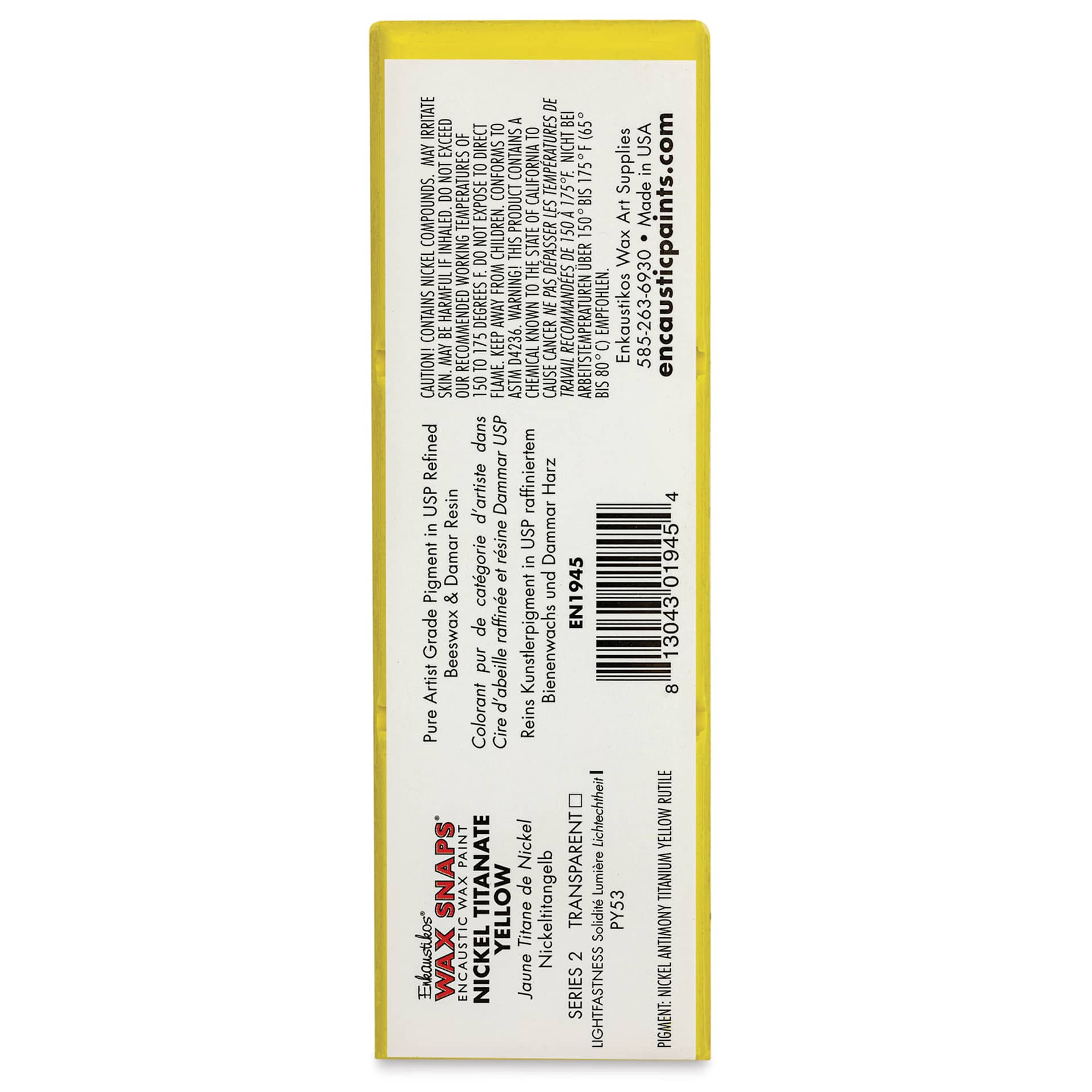 Enkaustikos Wax Snaps Encaustic Paints - Nickel Titanate Yellow, 40 ml cake back of package
