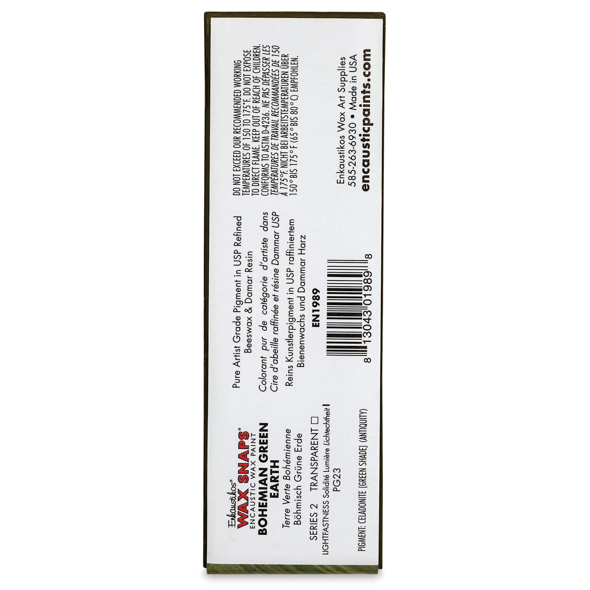 Enkaustikos Wax Snaps Encaustic Paints - Bohemian Green Earth, 40 ml cake back of package
