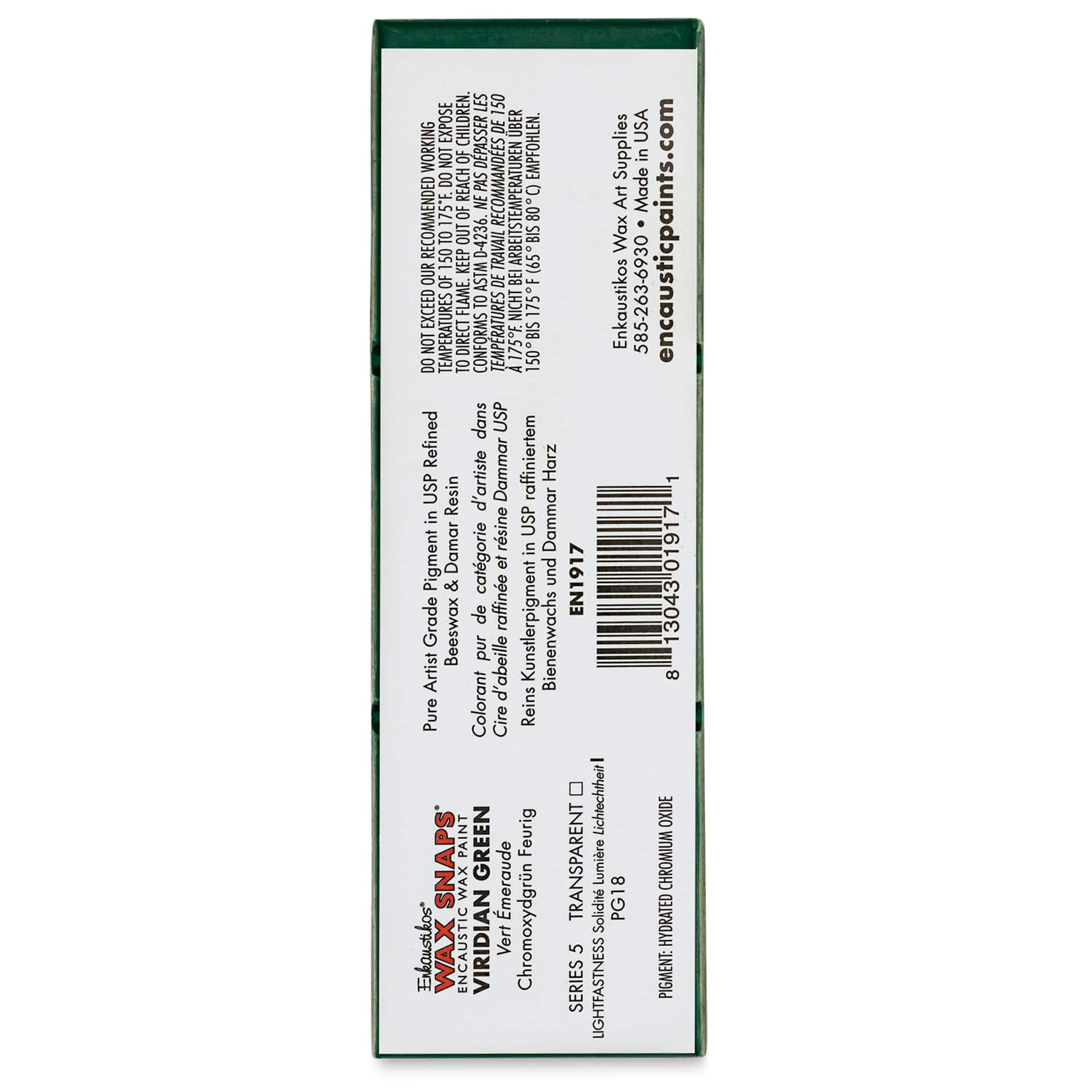Enkaustikos Wax Snaps Encaustic Paints - Viridian Green, 40 ml cake back of package