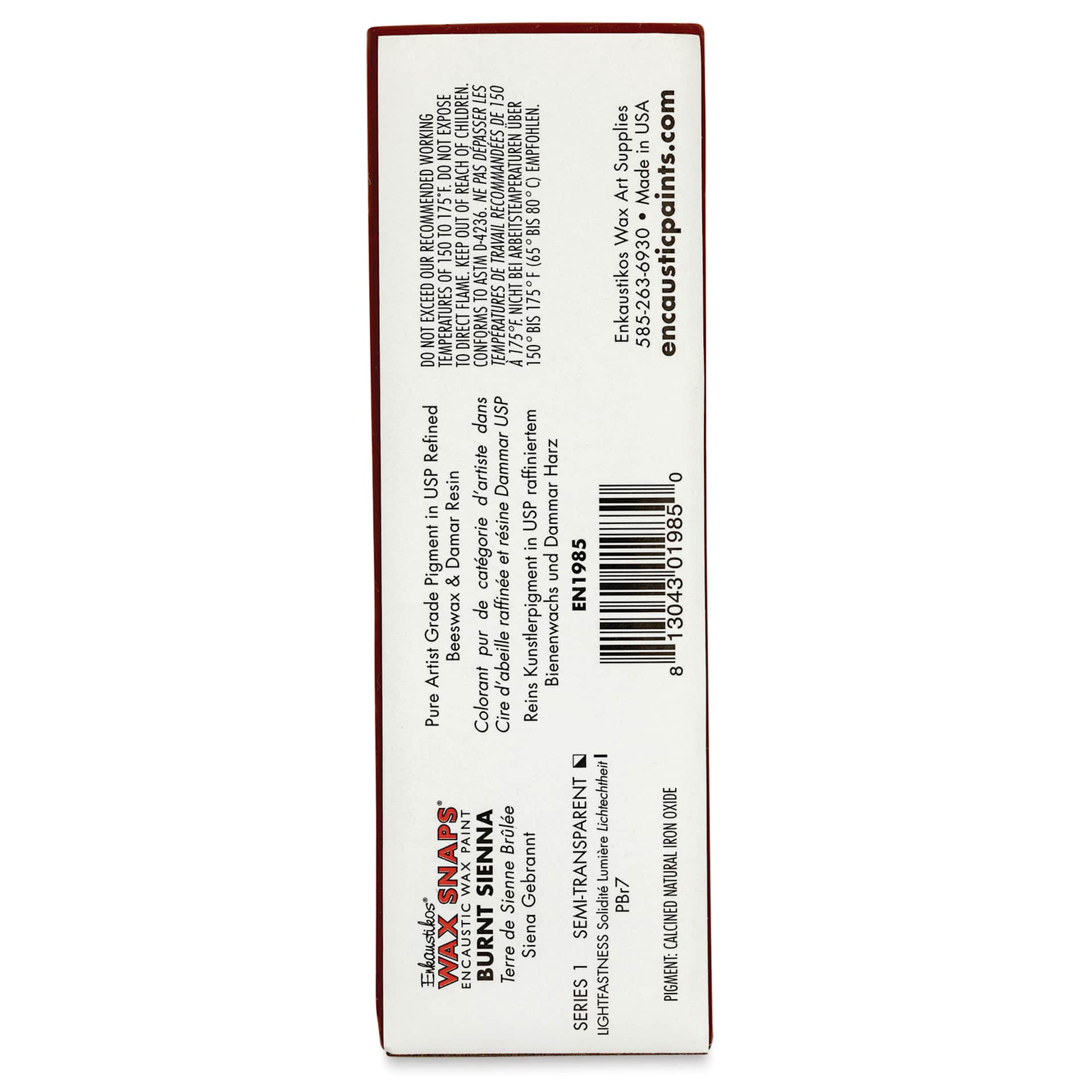 Enkaustikos Wax Snaps Encaustic Paints - Burnt Sienna, 40 ml cake back of package
