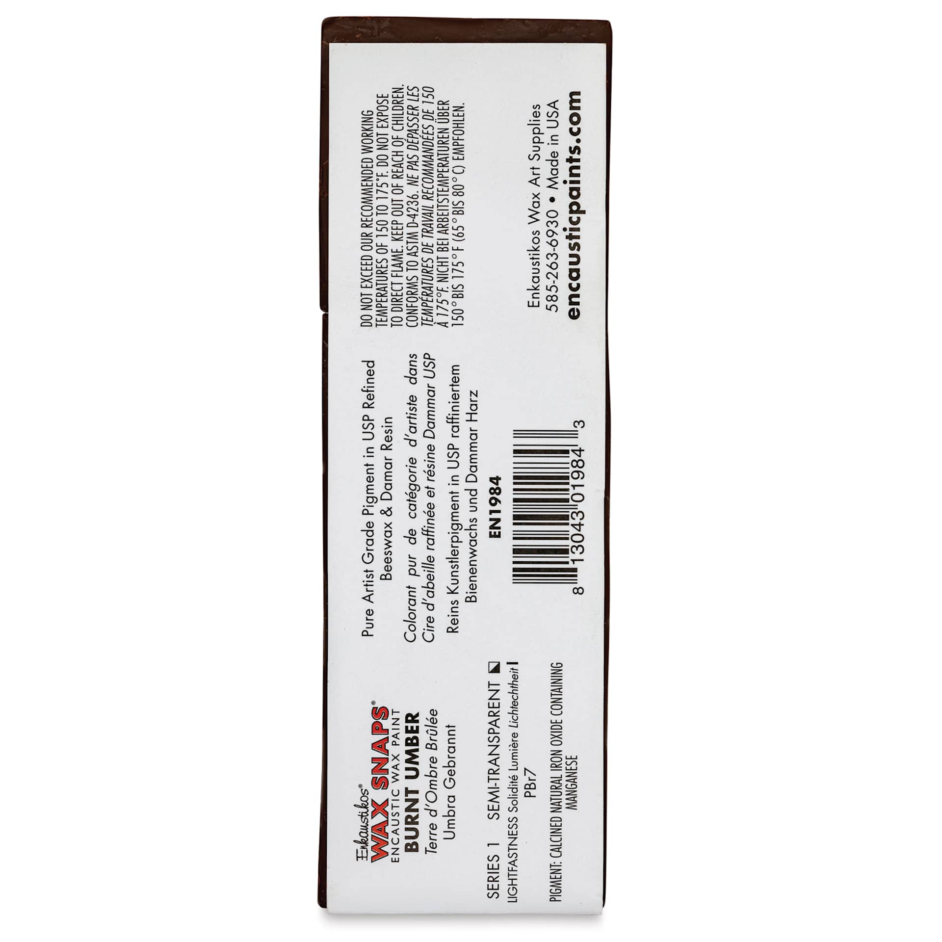 Enkaustikos Wax Snaps Encaustic Paints - Burnt Umber, 40 ml cake back of package