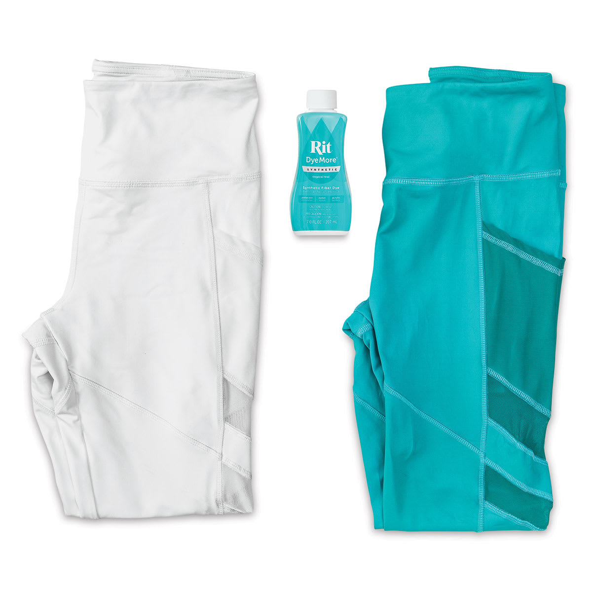 Rit DyeMore Synthetic Fiber Dye -  Tropic Teal, 7 oz, before and after of dyed pants