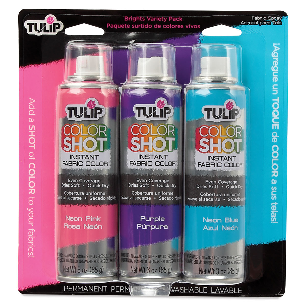 Tulip ColorShot Instant Fabric Color Spray - Front of blister package of 3 pc Bright Colors Set