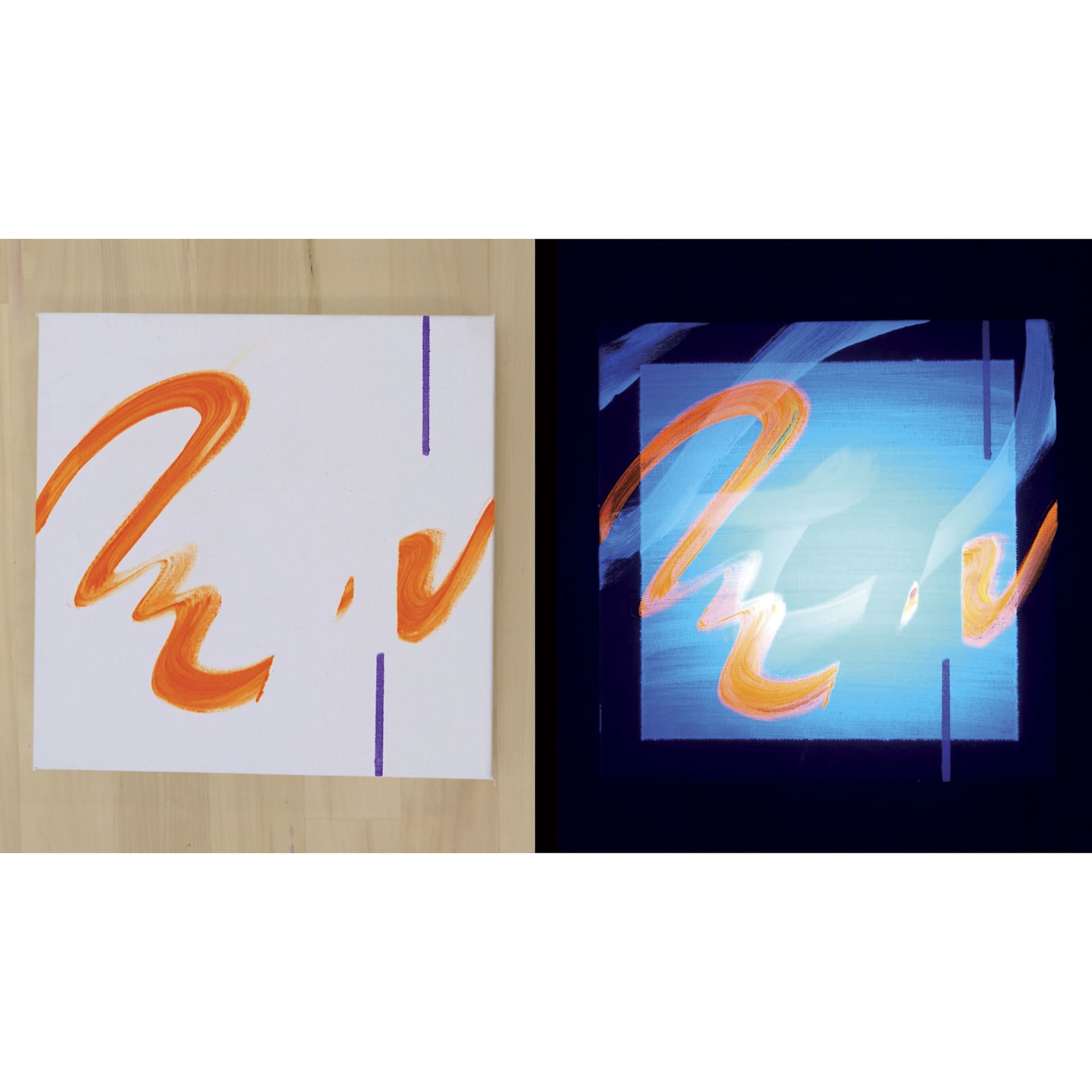 Wildfire Luminescent Fluorescent Acrylic Paints, paints before and after blacklight effect