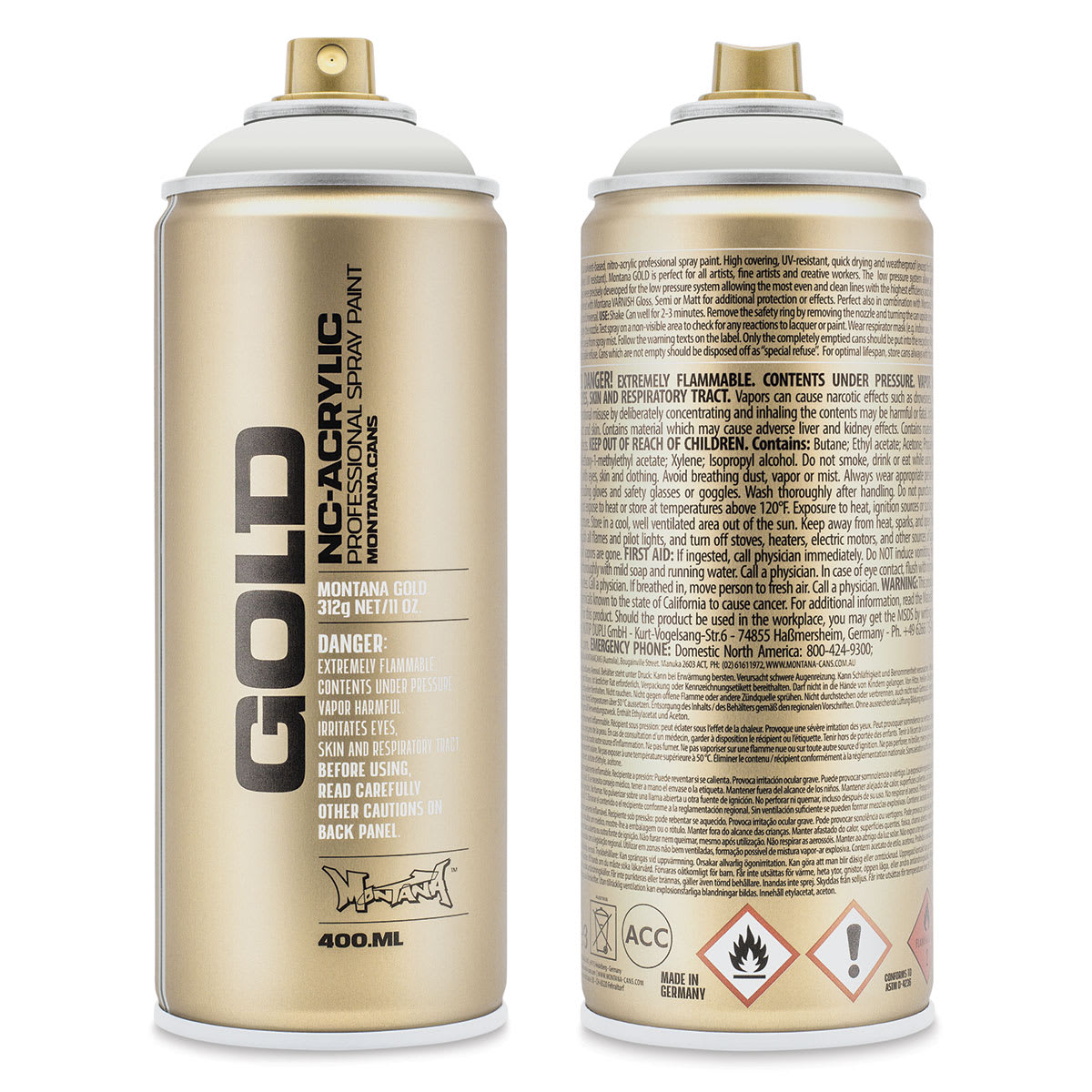 Montana Gold Acrylic Professional Spray Paint - Dolomite, 400 ml (Front and back of spray can)