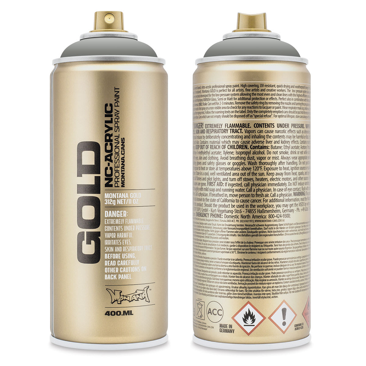 Montana Gold Acrylic Professional Spray Paint - Front and back of Meteorite 400 ml spray can shown