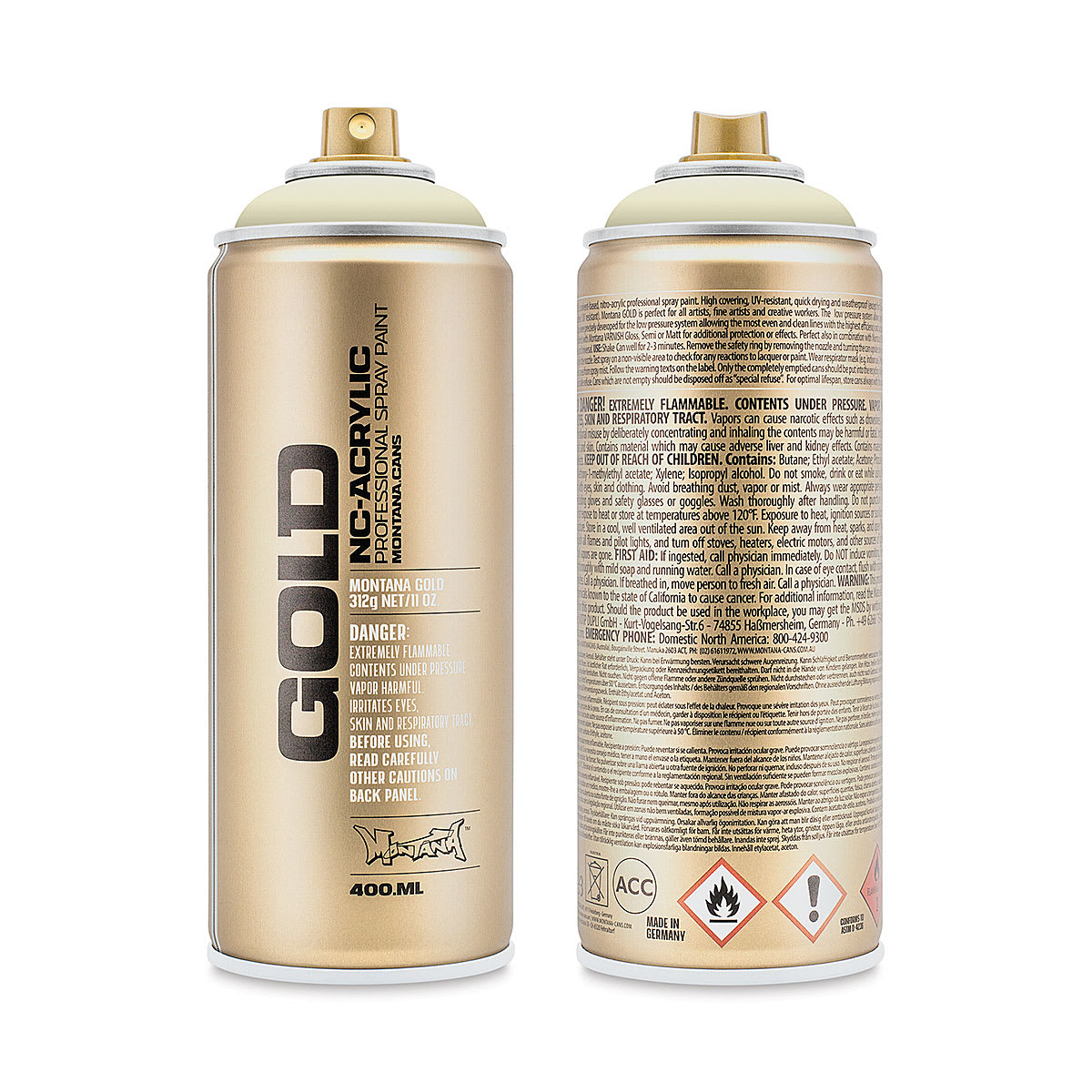 Montana Gold Acrylic Professional Spray Paint - Elm, 400 ml (Front and back of spray can)