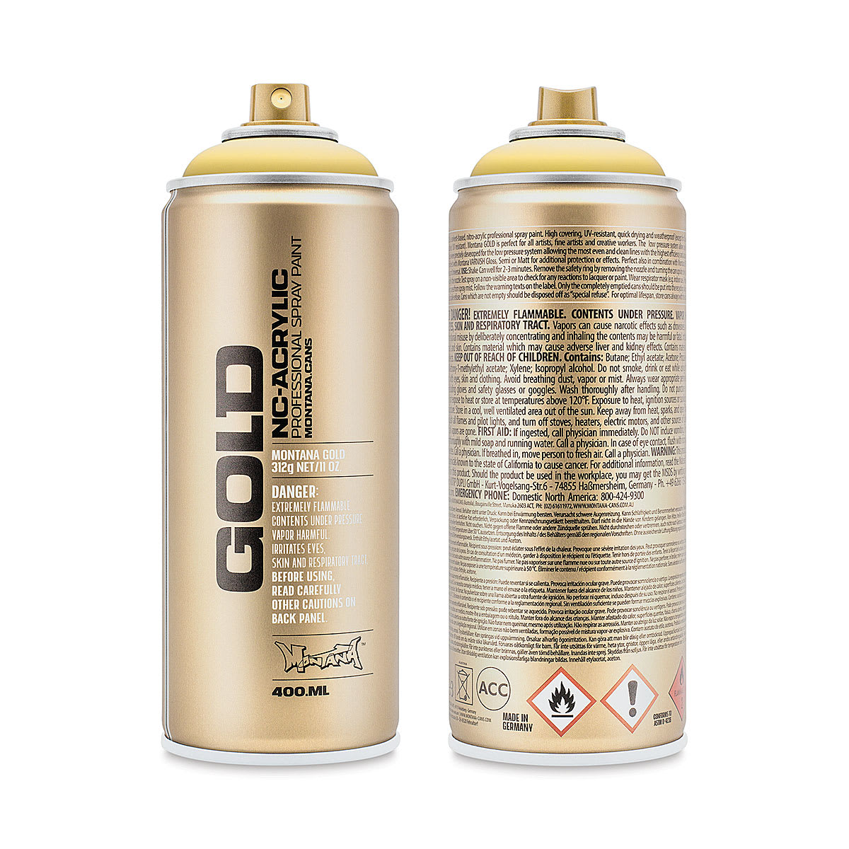 Montana Gold Acrylic Professional Spray Paint - Pudding, 400 ml (Front and back of spray can)