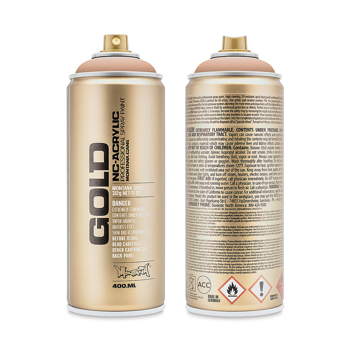 Montana Gold Acrylic Professional Spray Paint - Make-up, 400 ml (Front and back of spray can)