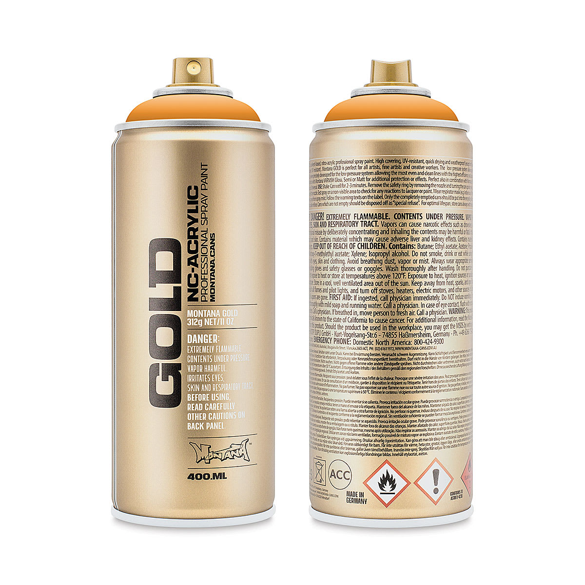 Montana Gold Acrylic Professional Spray Paint - Scampi, 400 ml (Front and back of spray can)