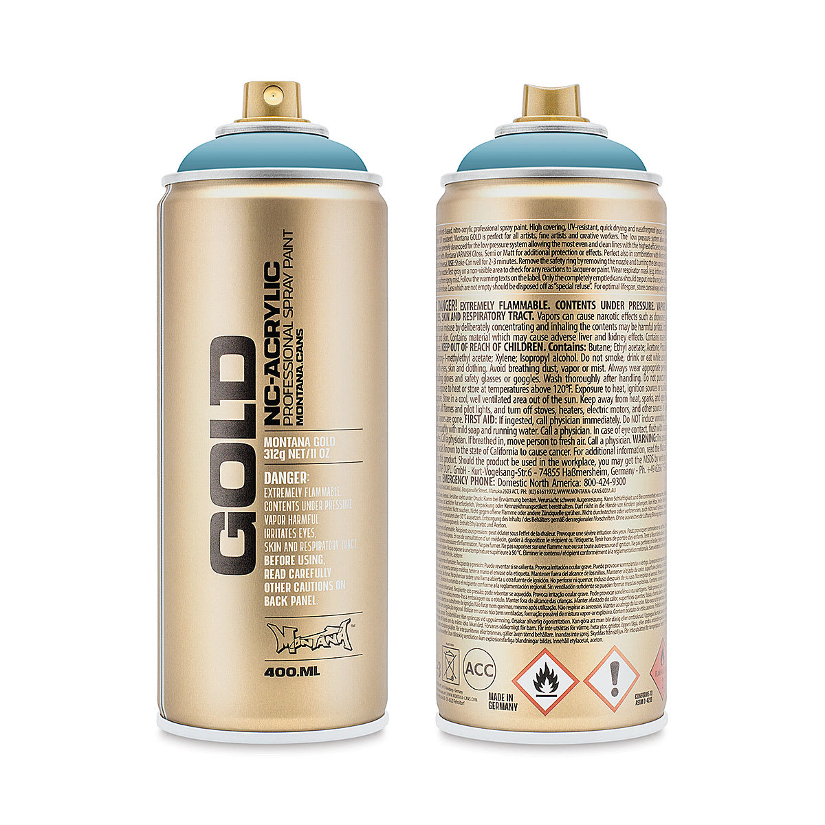 Montana Gold Acrylic Professional Spray Paint - Mt. Everest, 400 ml (Front and back of spray can)