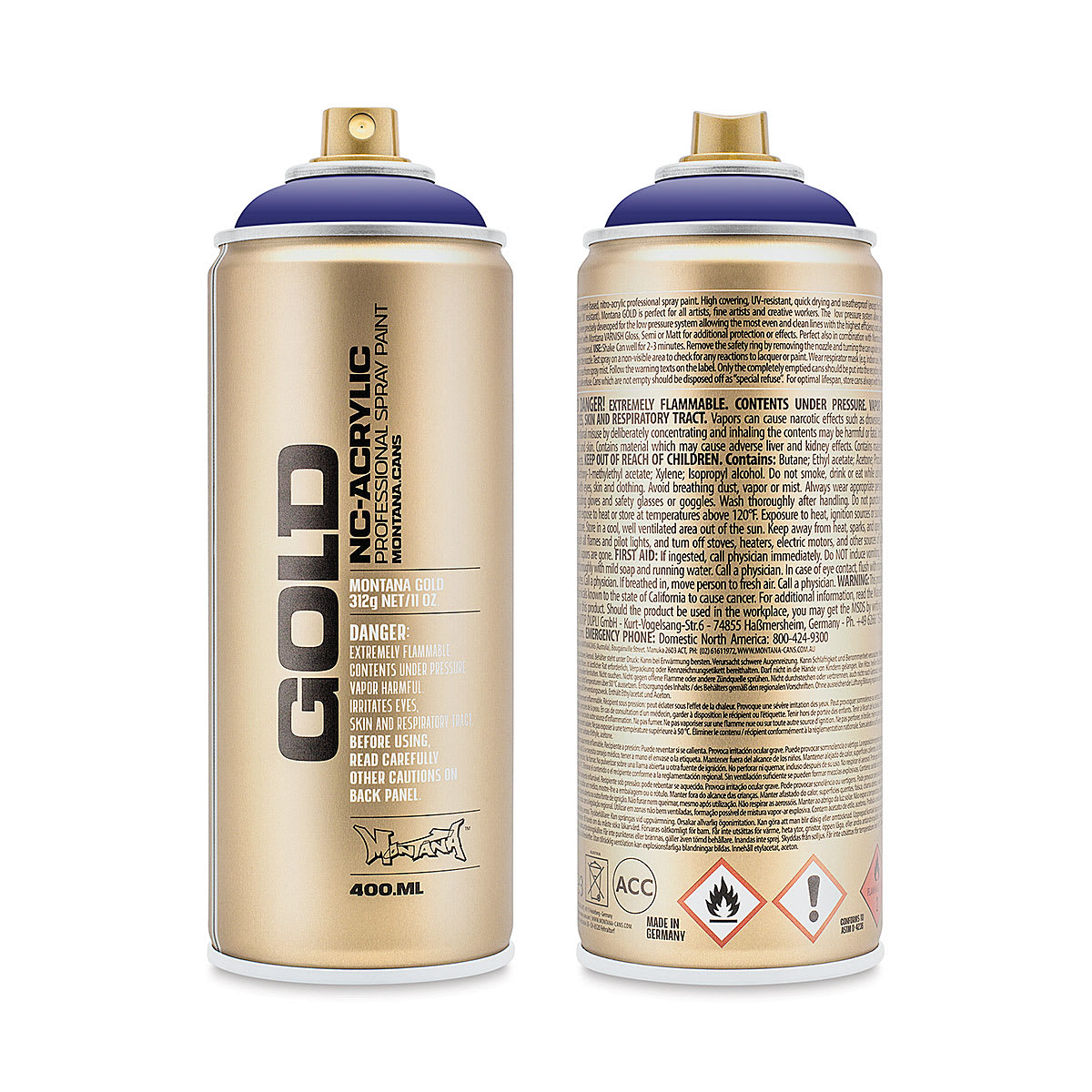 Montana Gold Acrylic Professional Spray Paint - Gonzo, 400 ml (Front and back of spray can)
