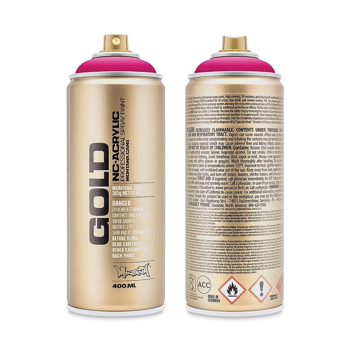 Montana Gold Acrylic Professional Spray Paint - 100% Magenta, 400 ml  (Front and back of spray can)