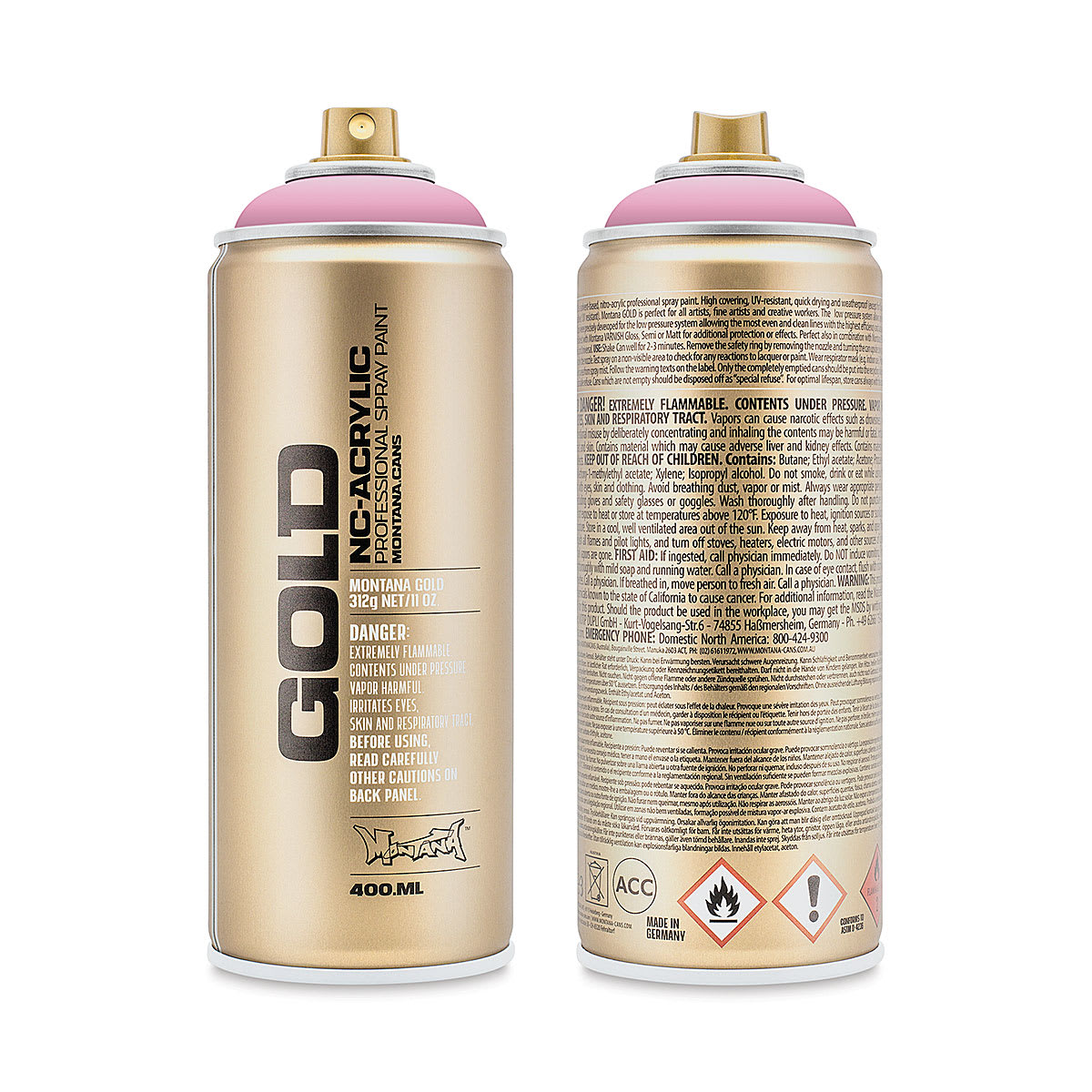 Montana Gold Acrylic Professional Spray Paint - Frozen Raspberry, 400 ml (Front and back of spray can)
